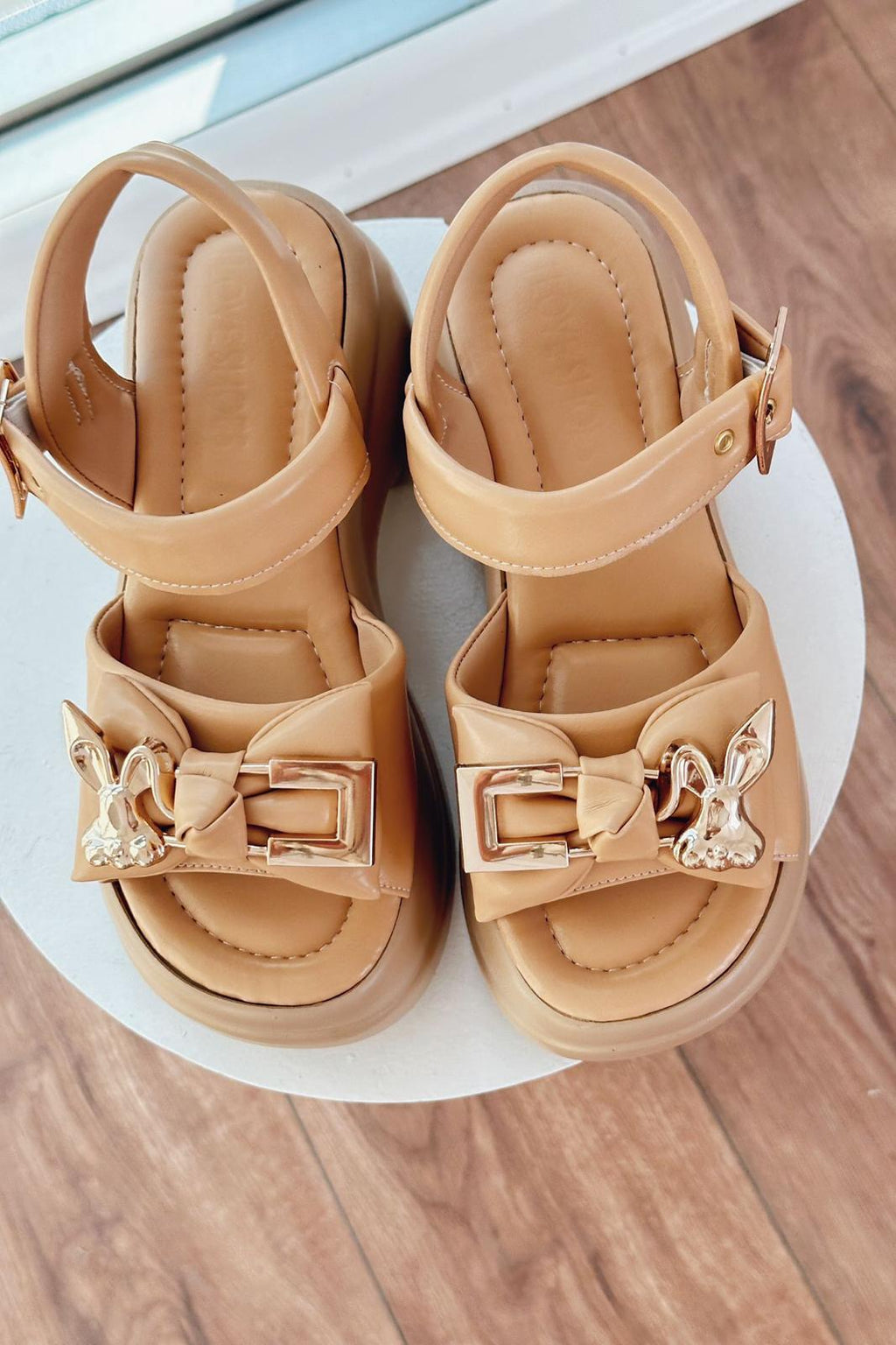 Dalend Nude Faux Leather Buckle Strap Women's Sandals