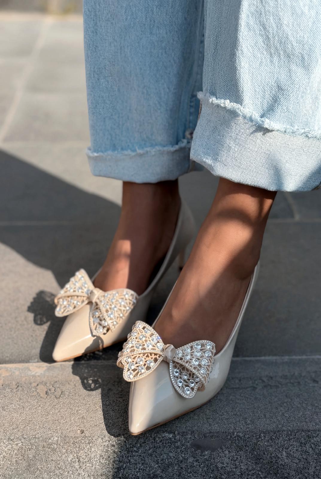 Sorexa Beige Patent Faux Leather Bow Detail Women's Stilettos