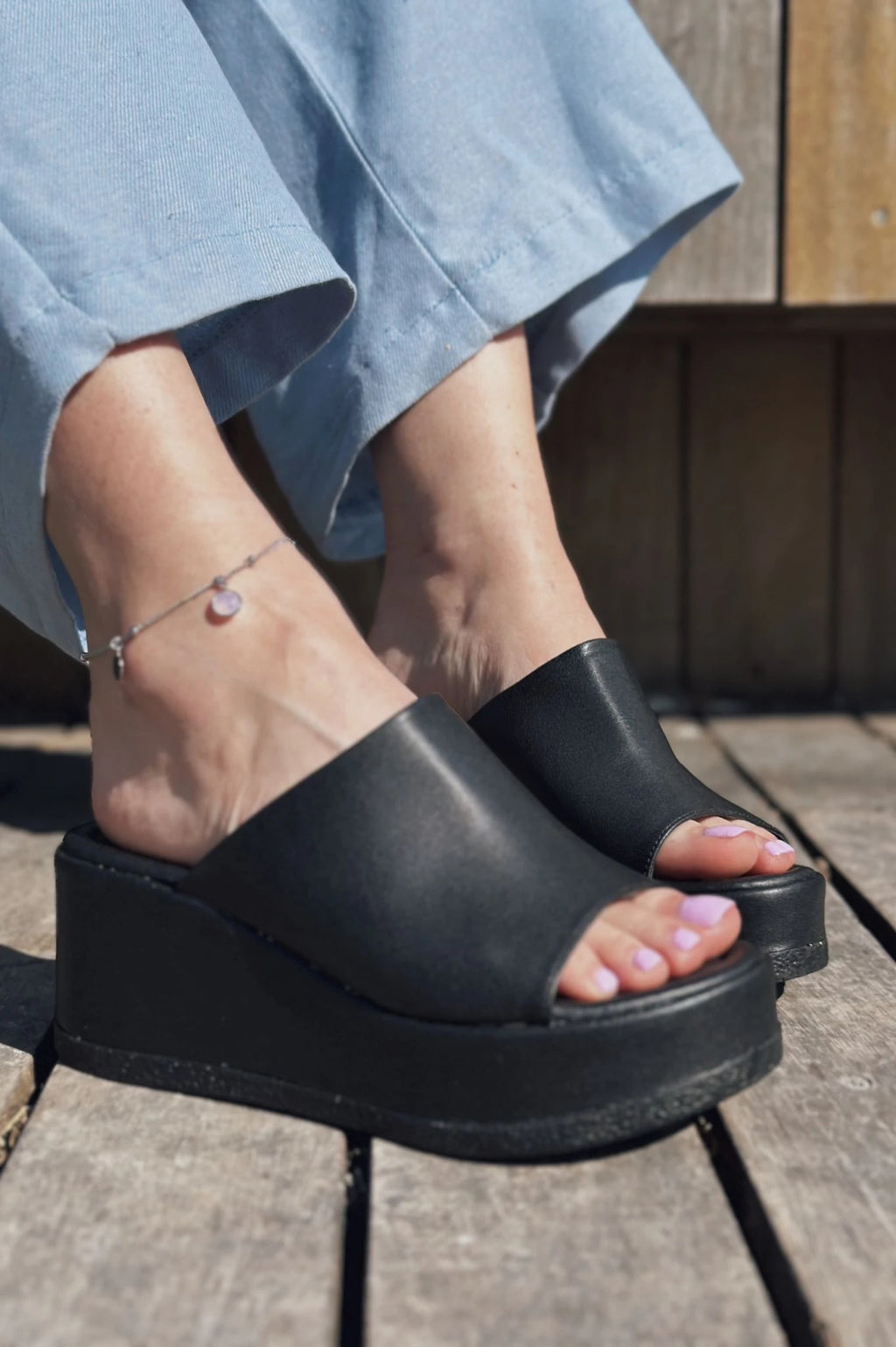 Destin Black Faux Leather Wedge Heel Women's Mules