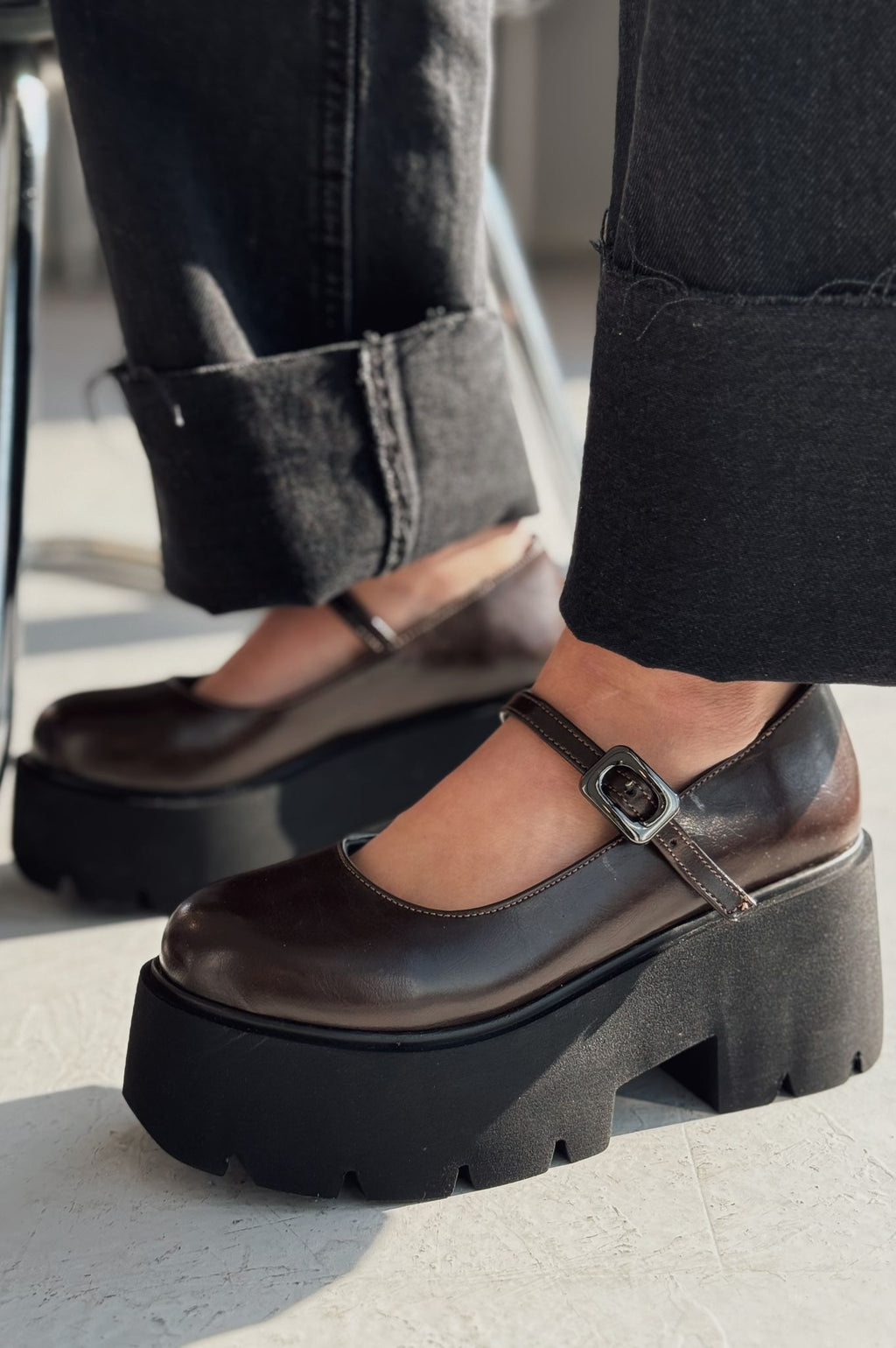 Tinos Dark Brown Faux Leather Platform Women's Mary Jane