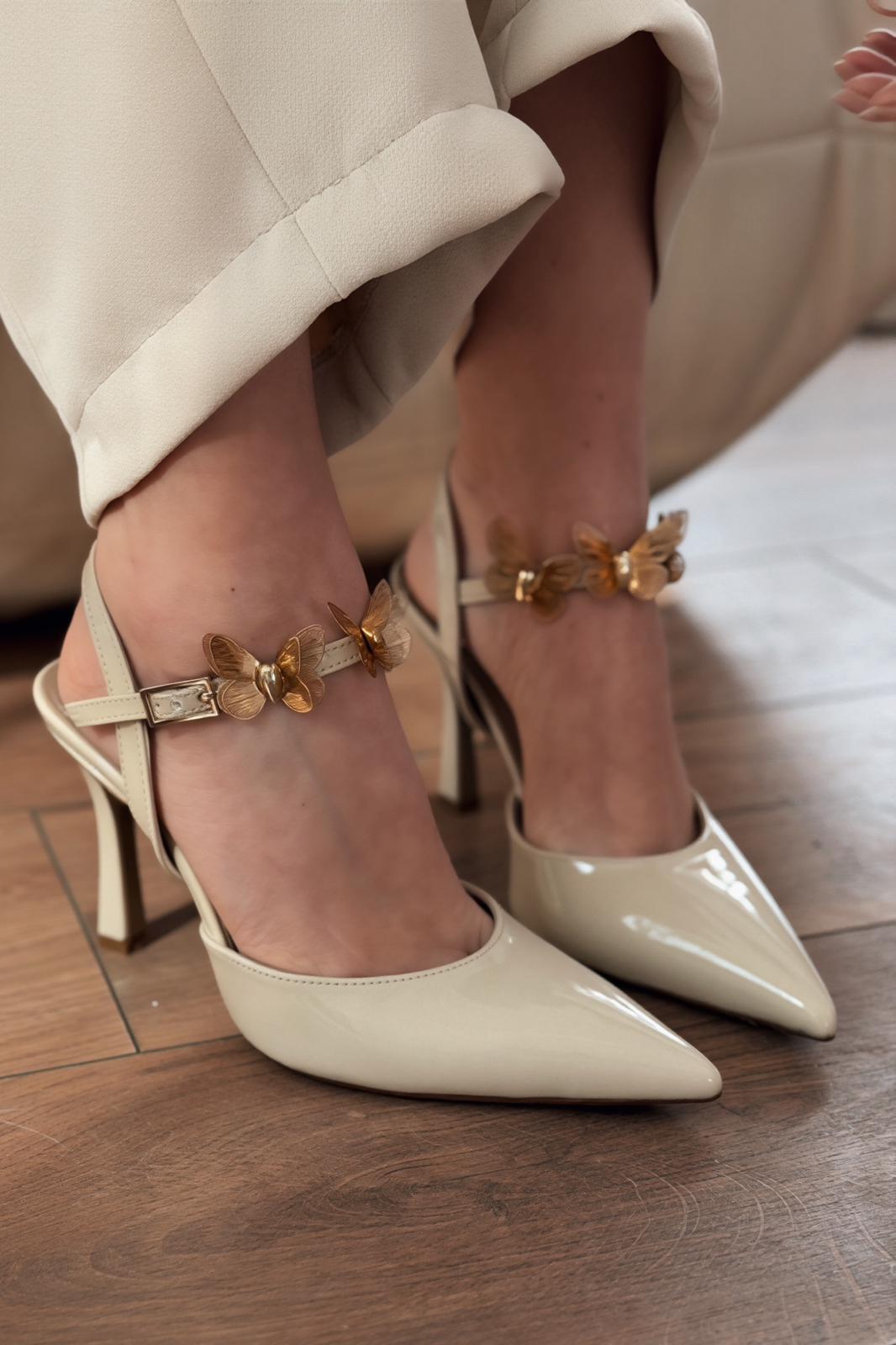 Senar Beige Patent Faux Leather Women's Stilettos Butterfly Detail