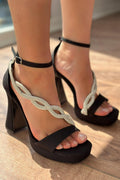 Tansor Black Satin Crystal Women's Platform Pumps