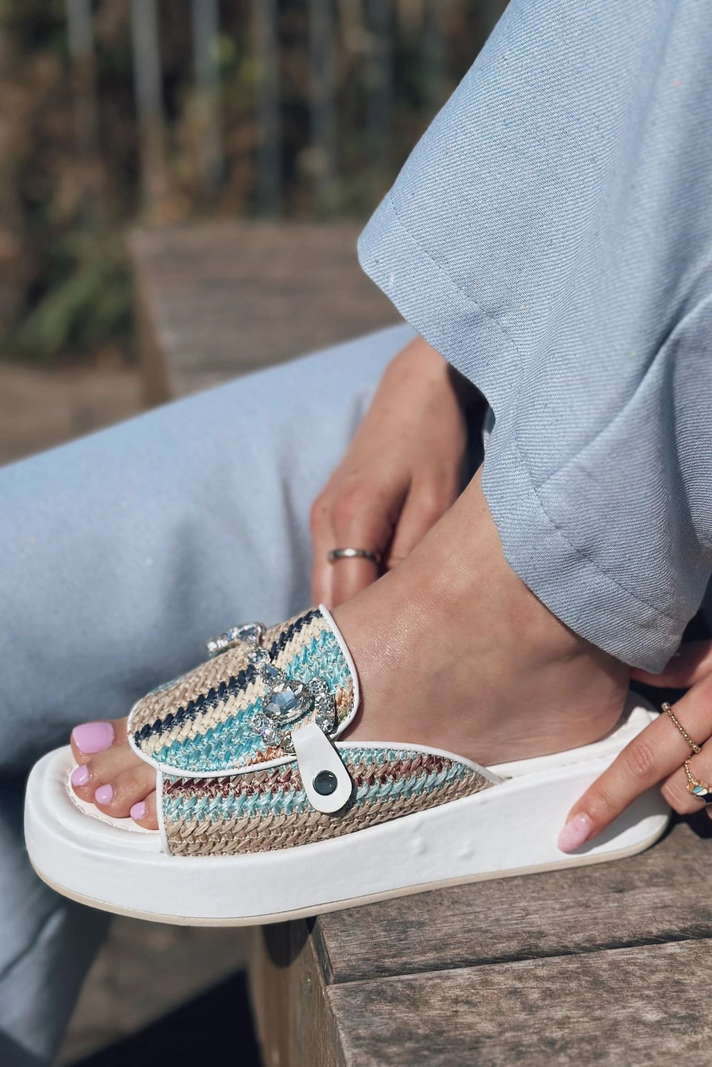 Nilossa White Faux Leather Stone Detail Women's Slides