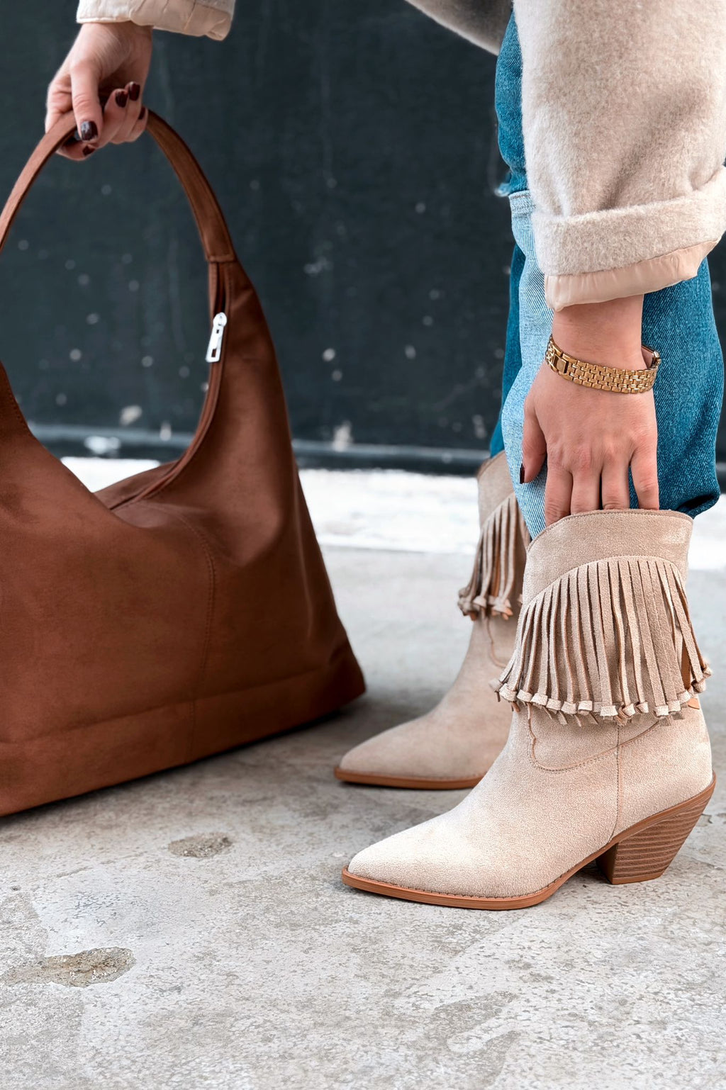 Iserne Beige Suede Fringe Women's Cowboy Boots