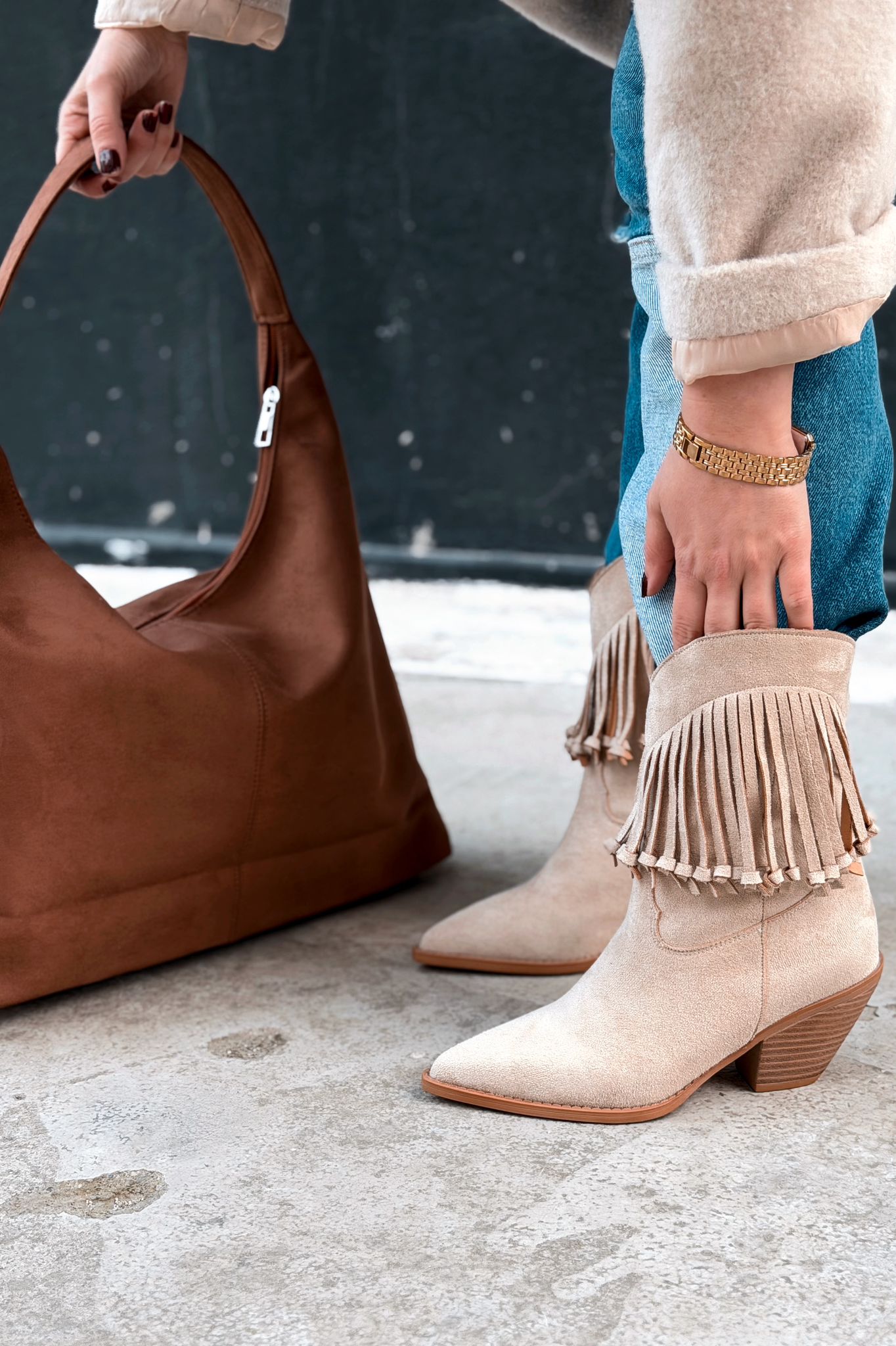 Iserne Beige Suede Fringe Women's Cowboy Boots