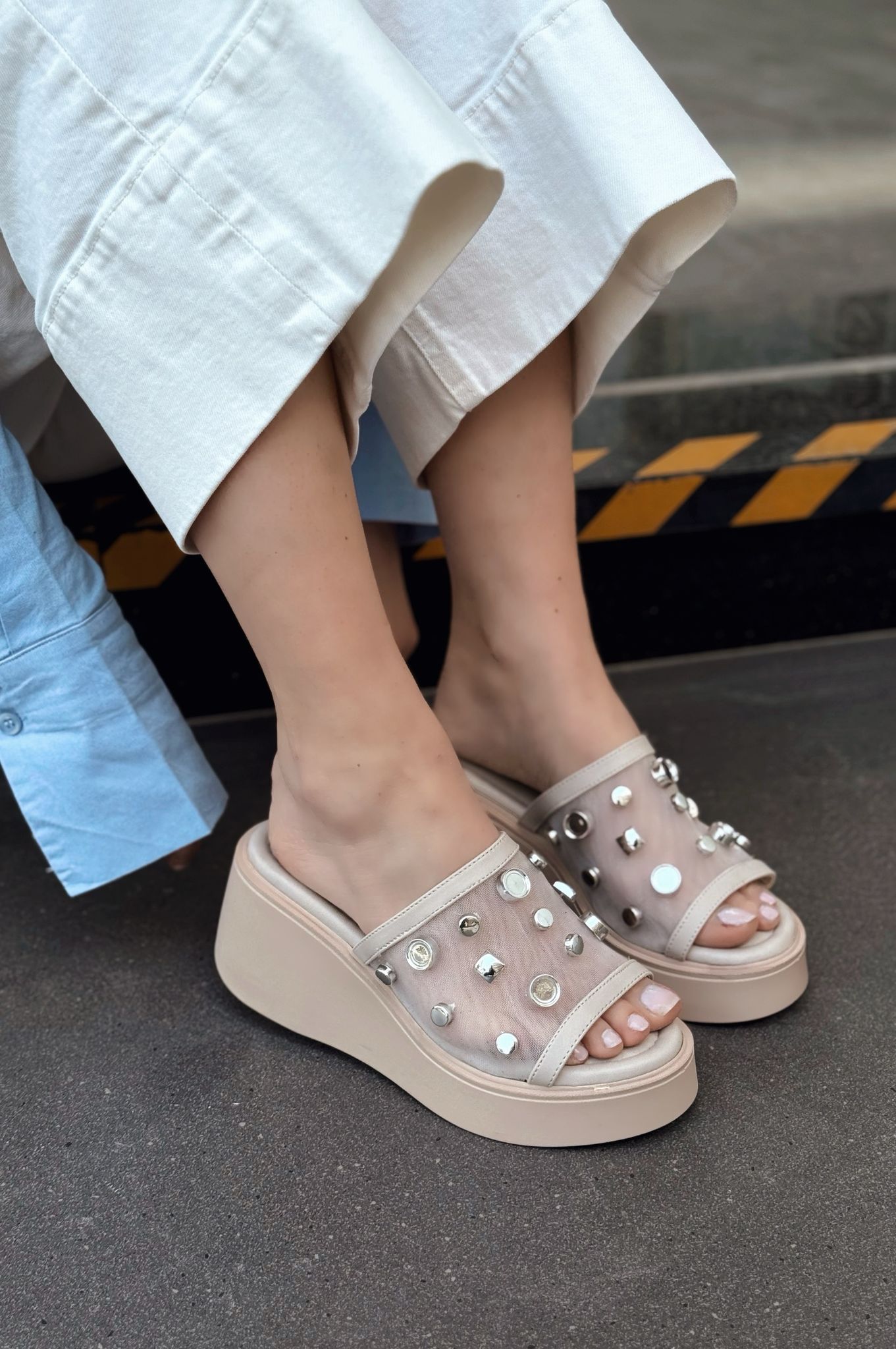 Palien Beige Studded Faux Leather Wedge Heel Women's Mules