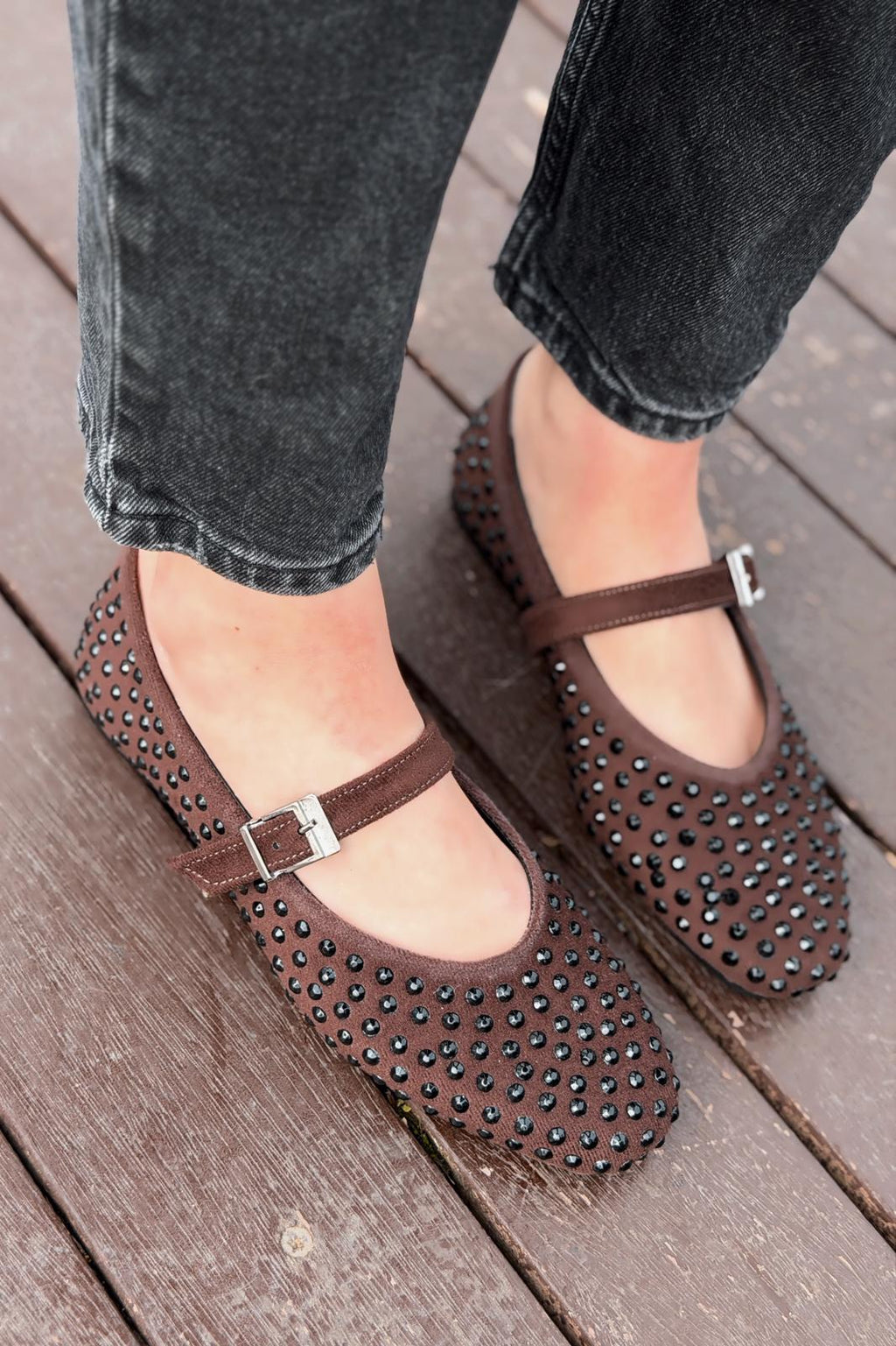 Orion Dark Brown Suede Stone Detail Women's Flats