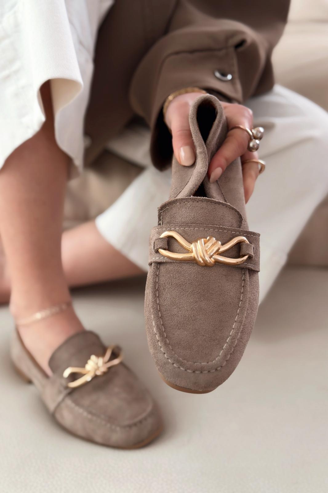 Avelis Taupe Suede Bow Detail Women's Loafers