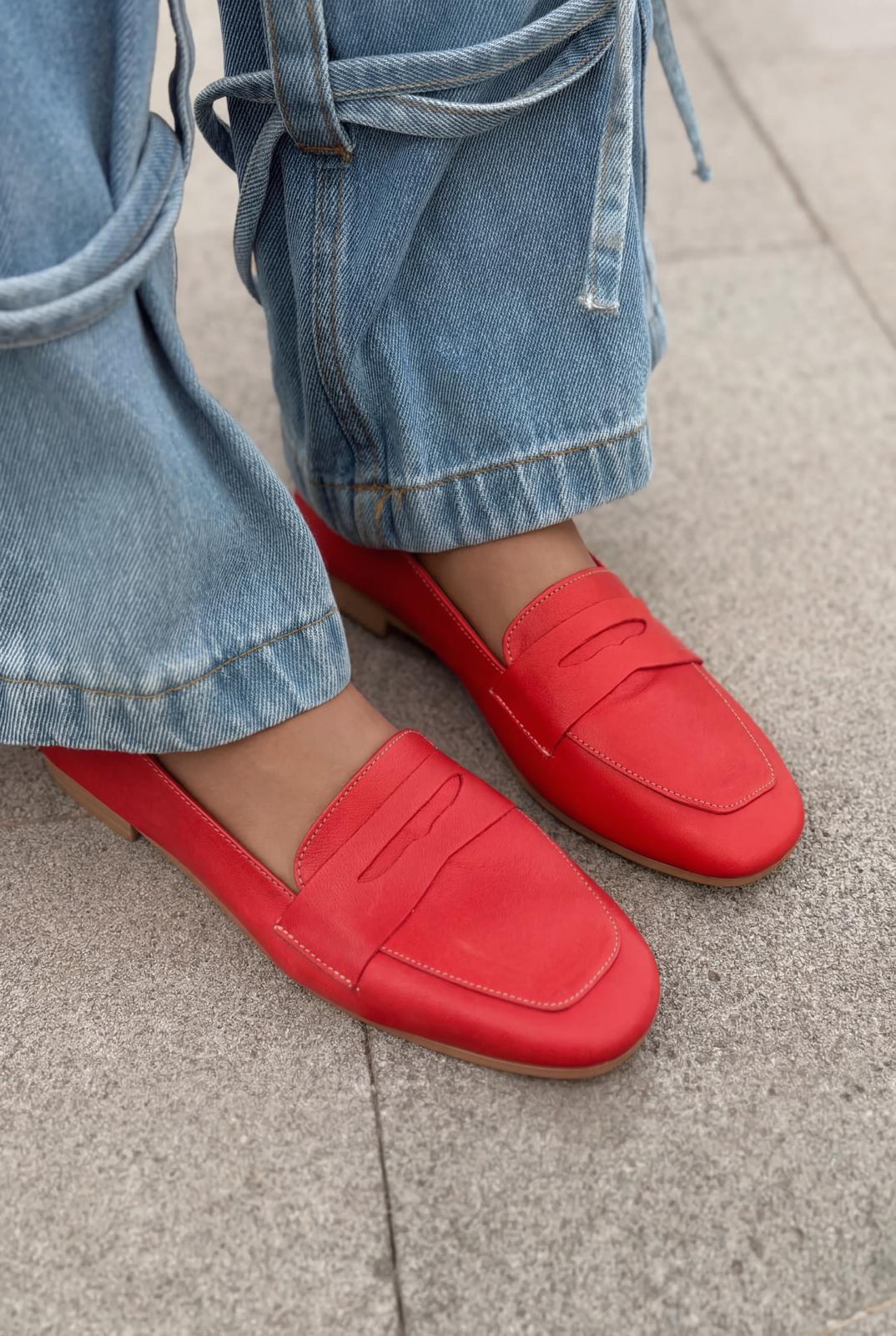 Melniel Red Genuine Leather Women's Loafers