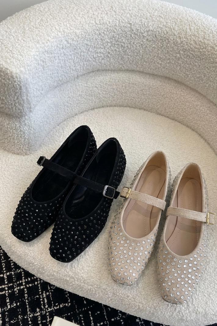 Orion Black Suede Black Crystal Detail Women's Flats