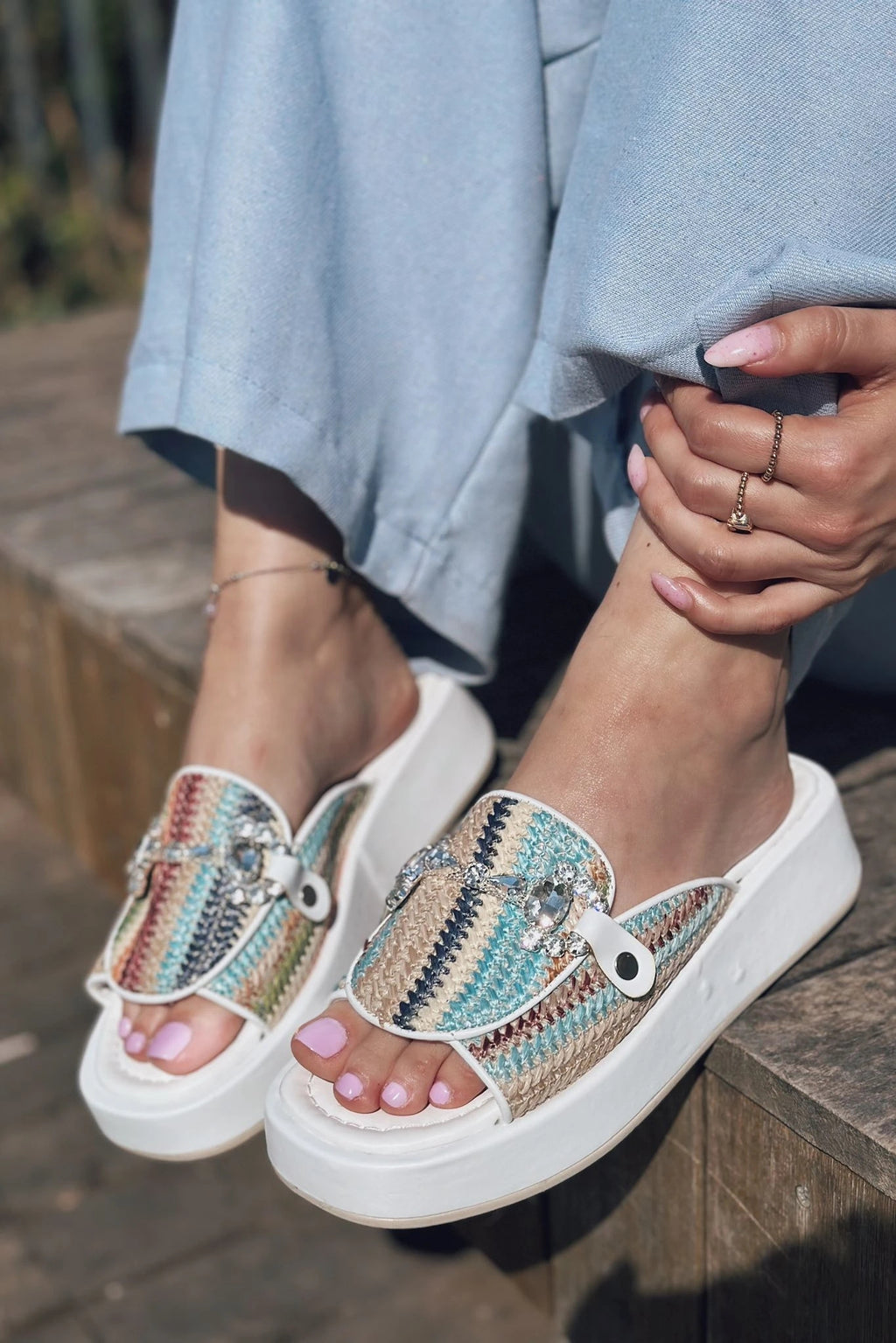 Nilossa White Faux Leather Stone Detail Women's Slides