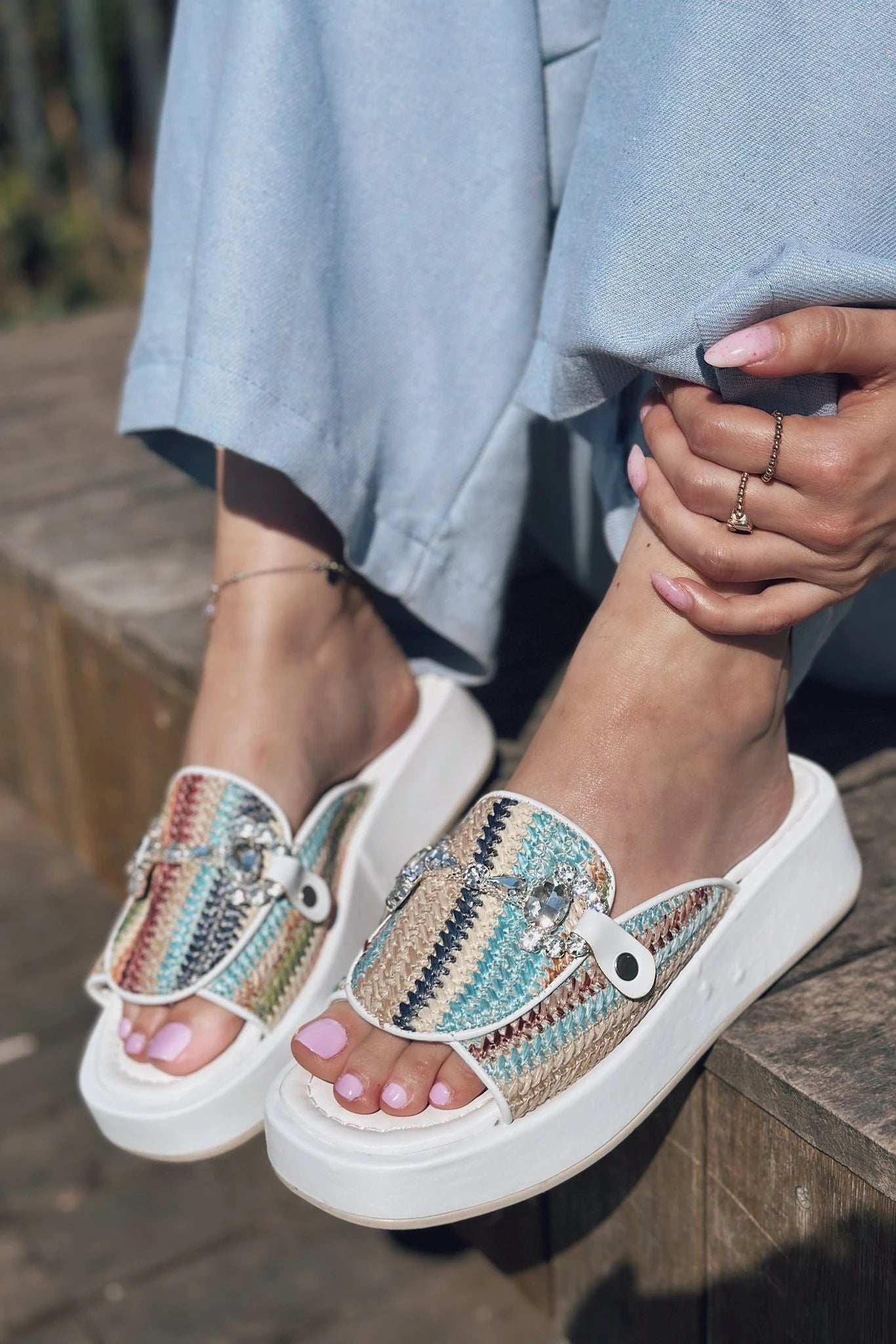 Nilossa White Faux Leather Stone Detail Women's Slides