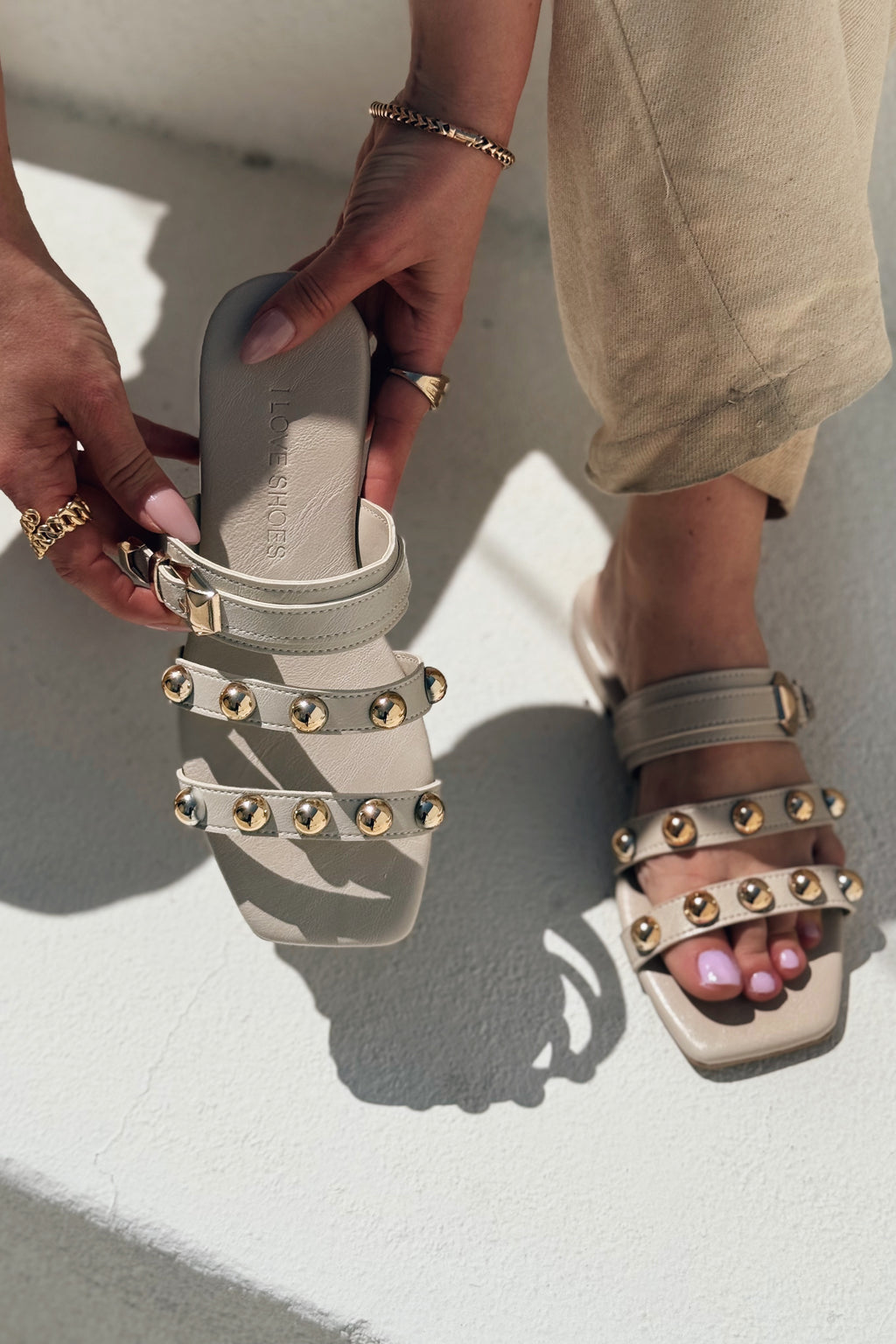 Dawist Beige Faux Leather Studded Flat Women's Mules