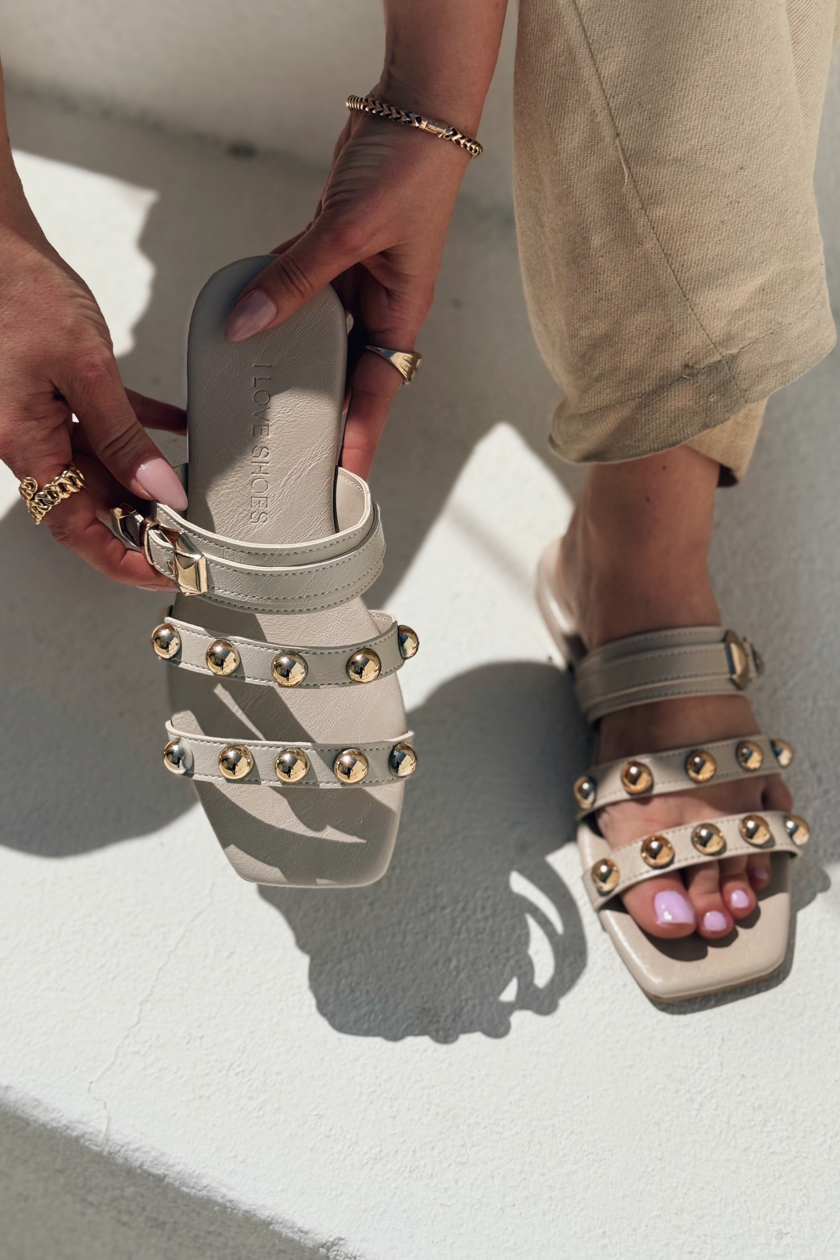 Dawist Beige Faux Leather Studded Flat Women's Mules