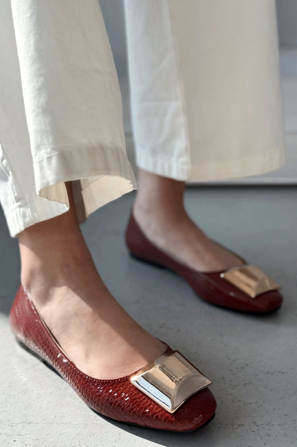 Axorend Bordeaux Patent Faux Leather Women's Flats