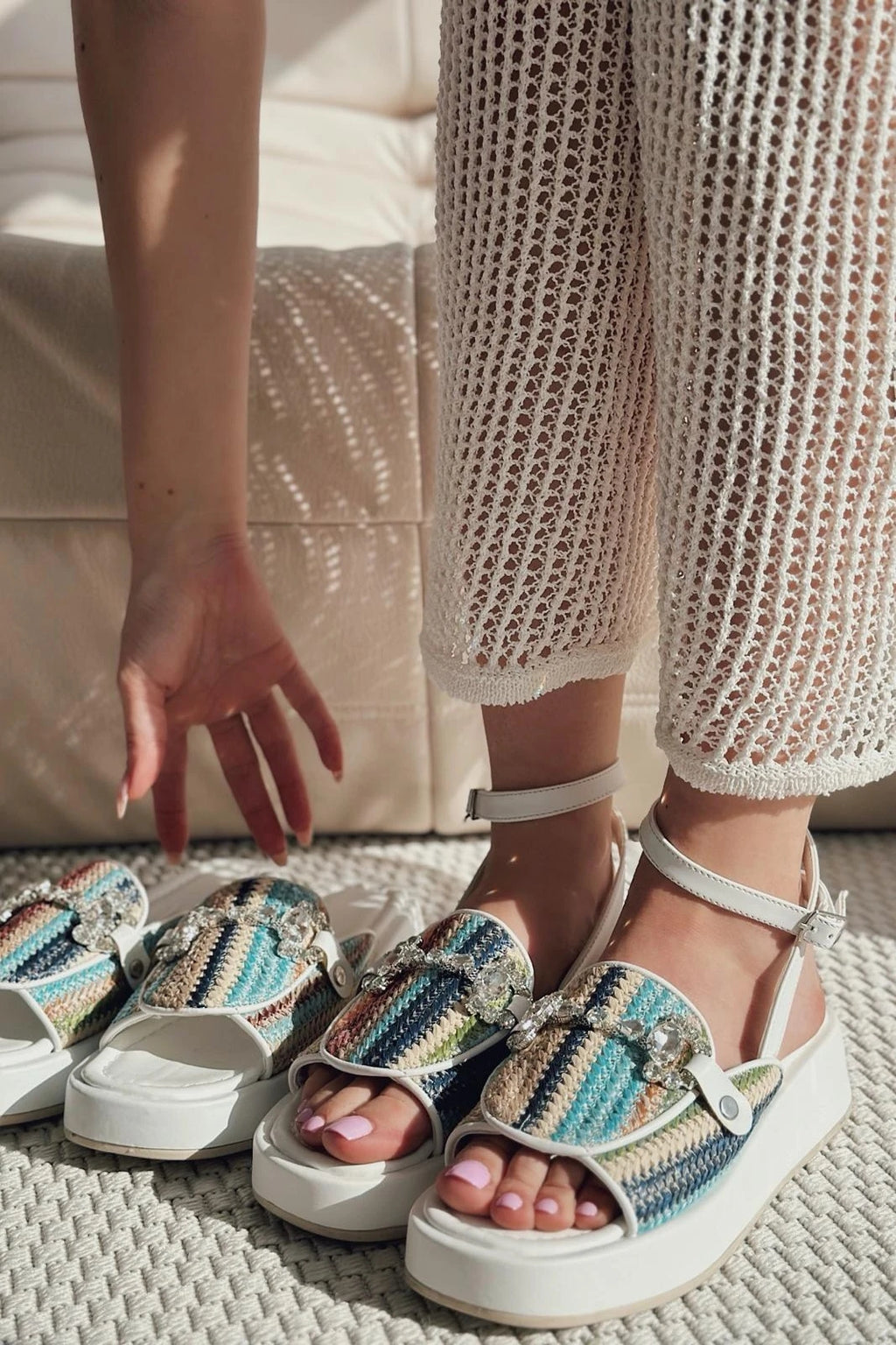 Nilossa White Faux Leather Stone Detail Women's Slides
