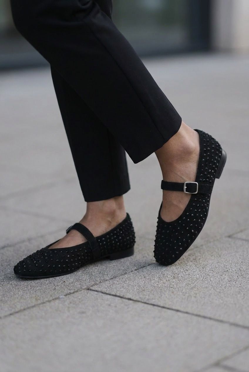 Orion Black Suede Black Crystal Detail Women's Flats
