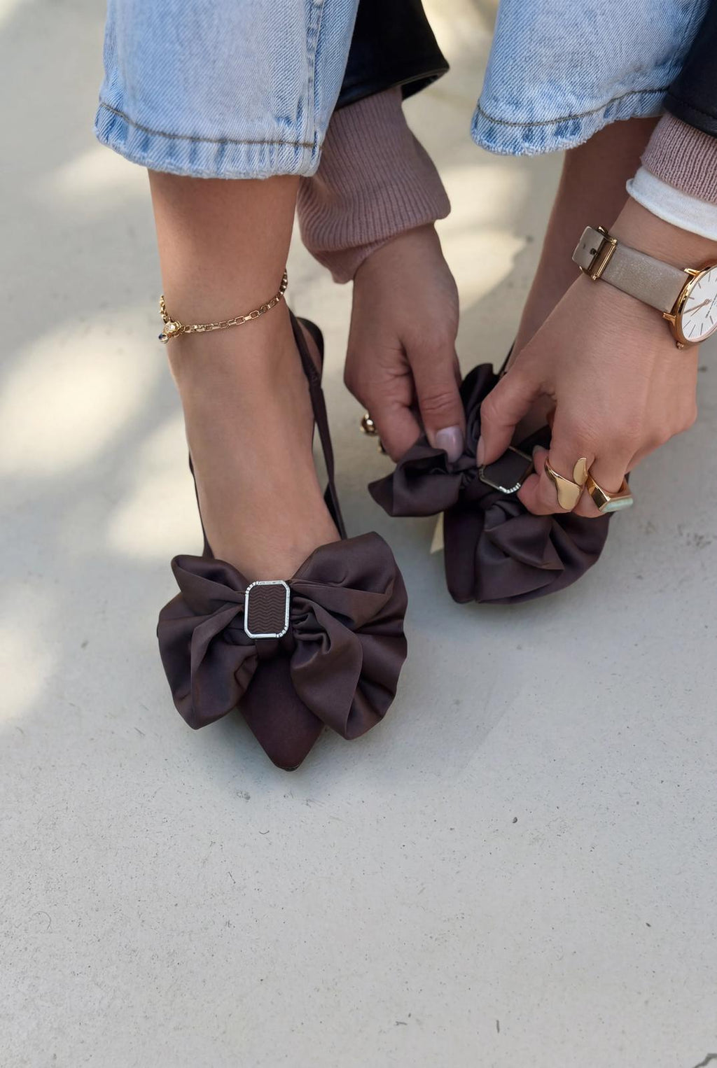 Velune Dark Brown Bow Satin Women's Stilettos