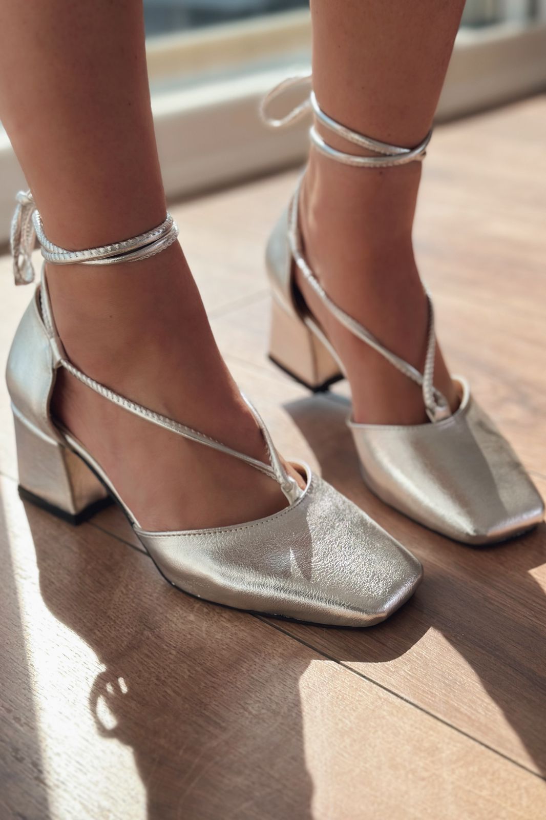 Penop Silver Patent Faux Leather Ankle Strap Pumps