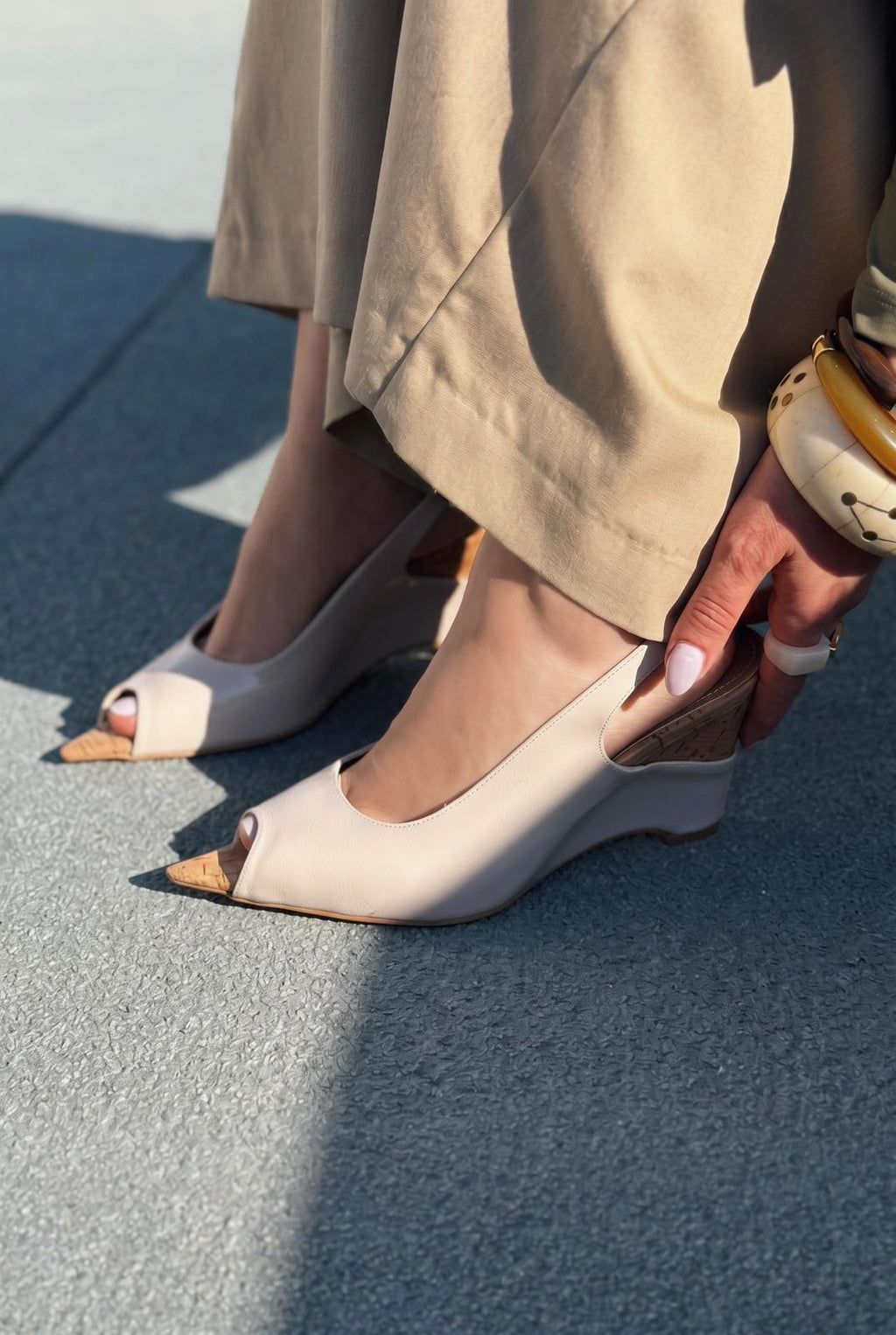 Nerov Beige Crinkled Faux Leather Women's Wedge Heel Sandals