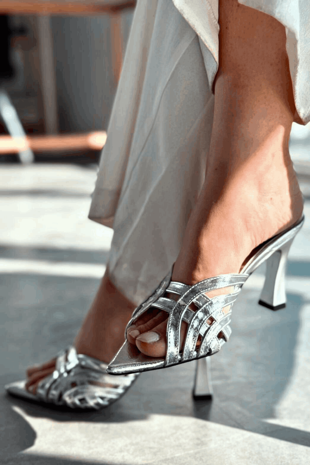 Lumon Silver Patent Faux Leather Strap Detail Pumps
