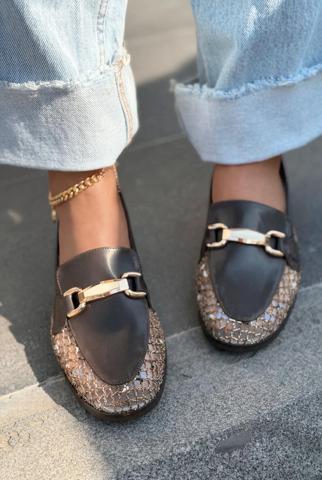 Delter Dark Brown Faux Leather Mesh Women's Loafers