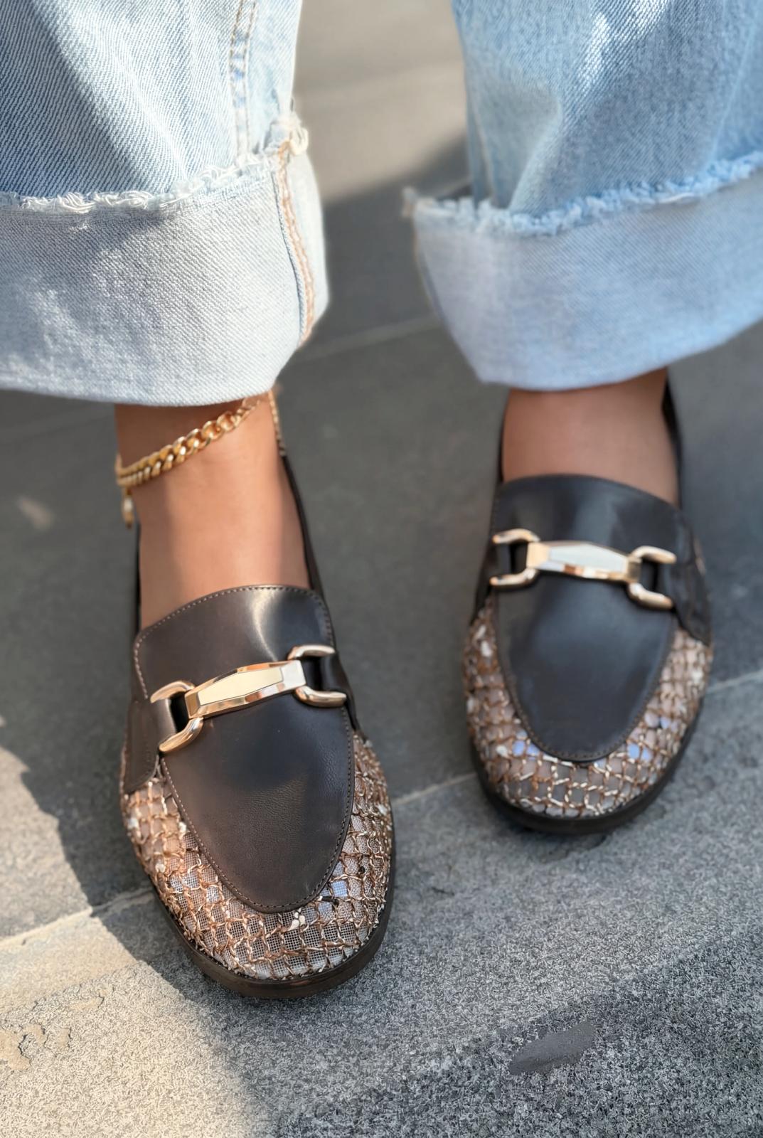 Delter Dark Brown Faux Leather Mesh Women's Loafers