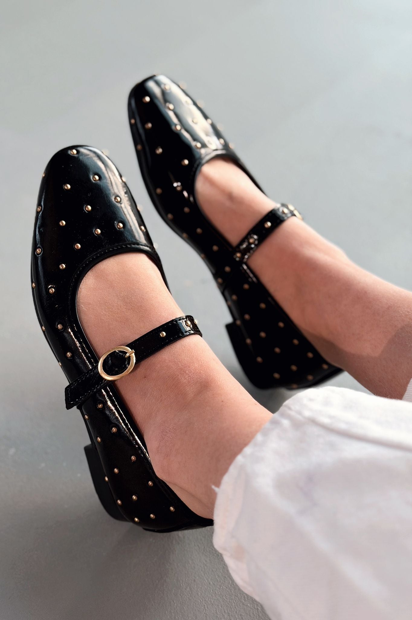 Lunessa Black Patent Faux Leather Studded Women's Flats