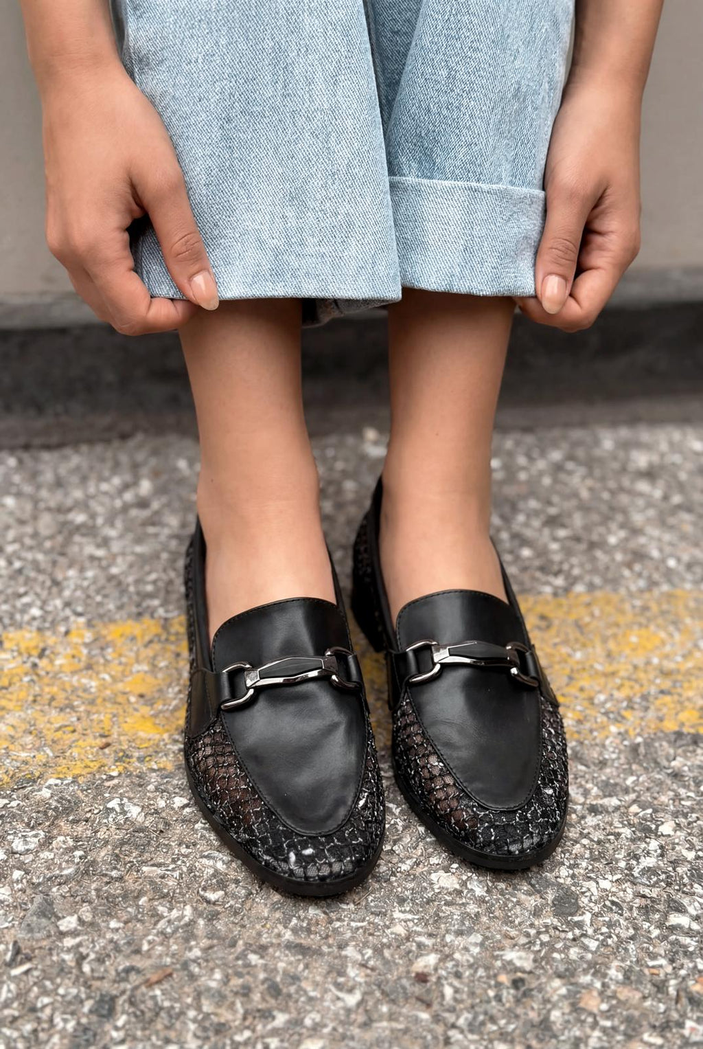 Delter Black Faux Leather Mesh Women's Loafers