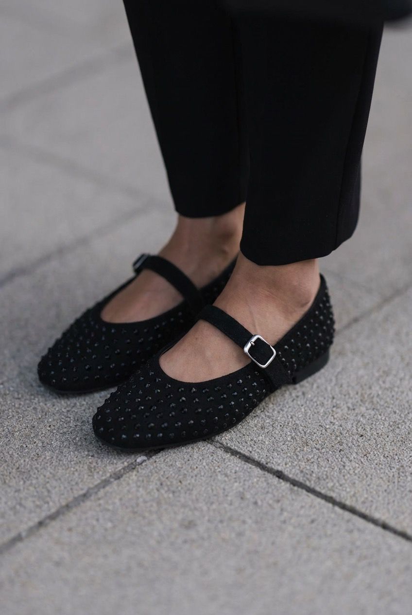 Orion Black Suede Black Crystal Detail Women's Flats