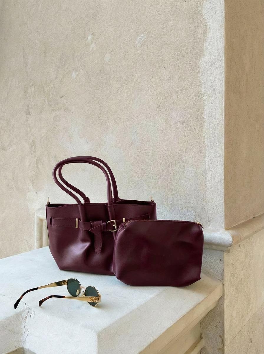 Avenor Shoulder Bag Burgundy Faux Leather with Makeup Pouch