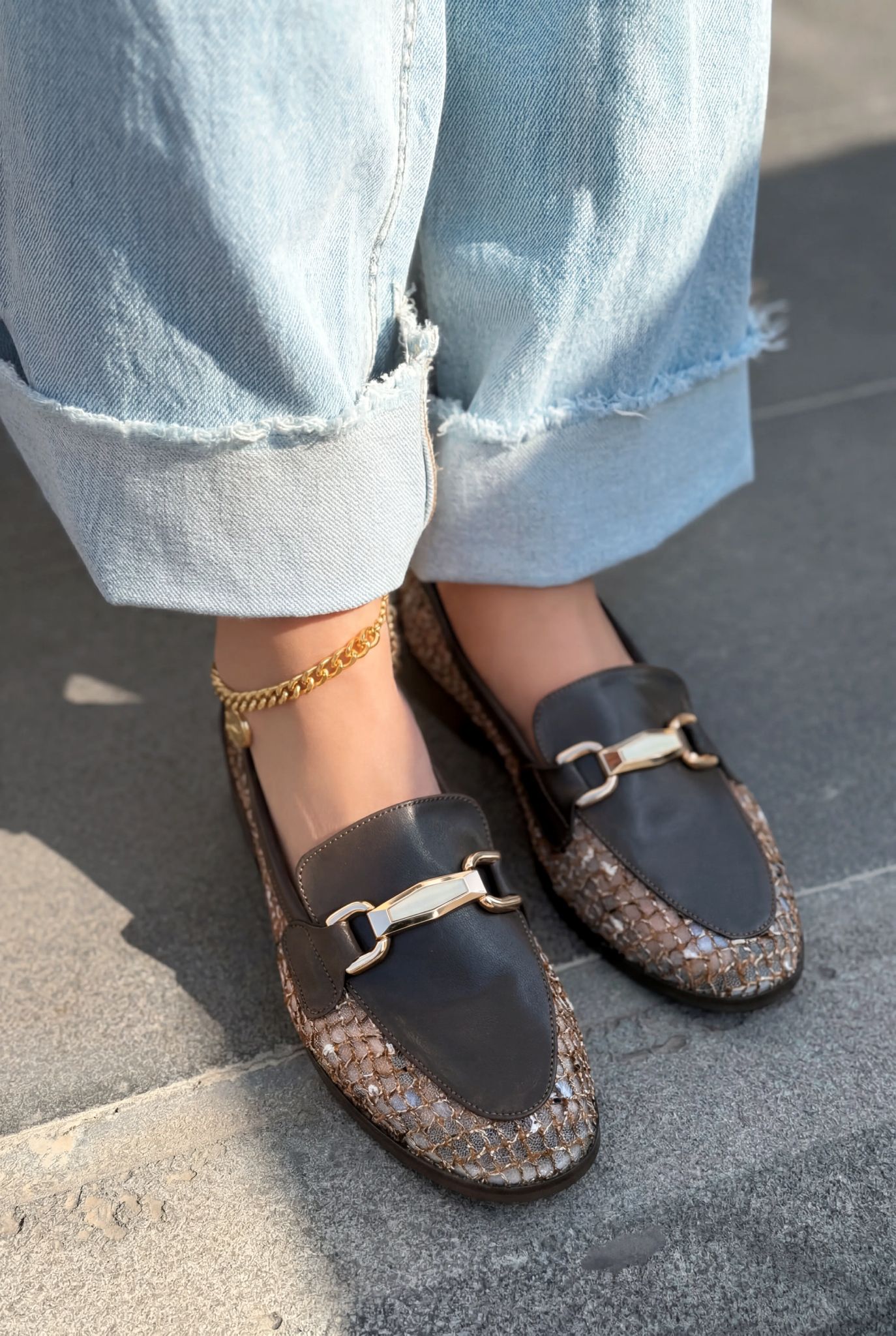Delter Dark Brown Faux Leather Mesh Women's Loafers