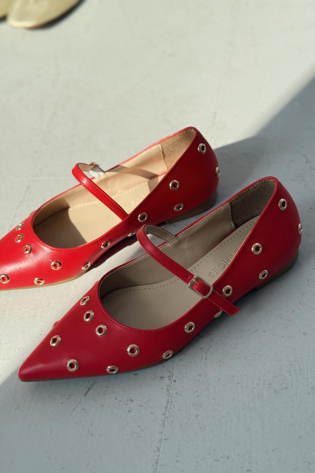 Zelix Red Faux Leather Women's Studded Flats