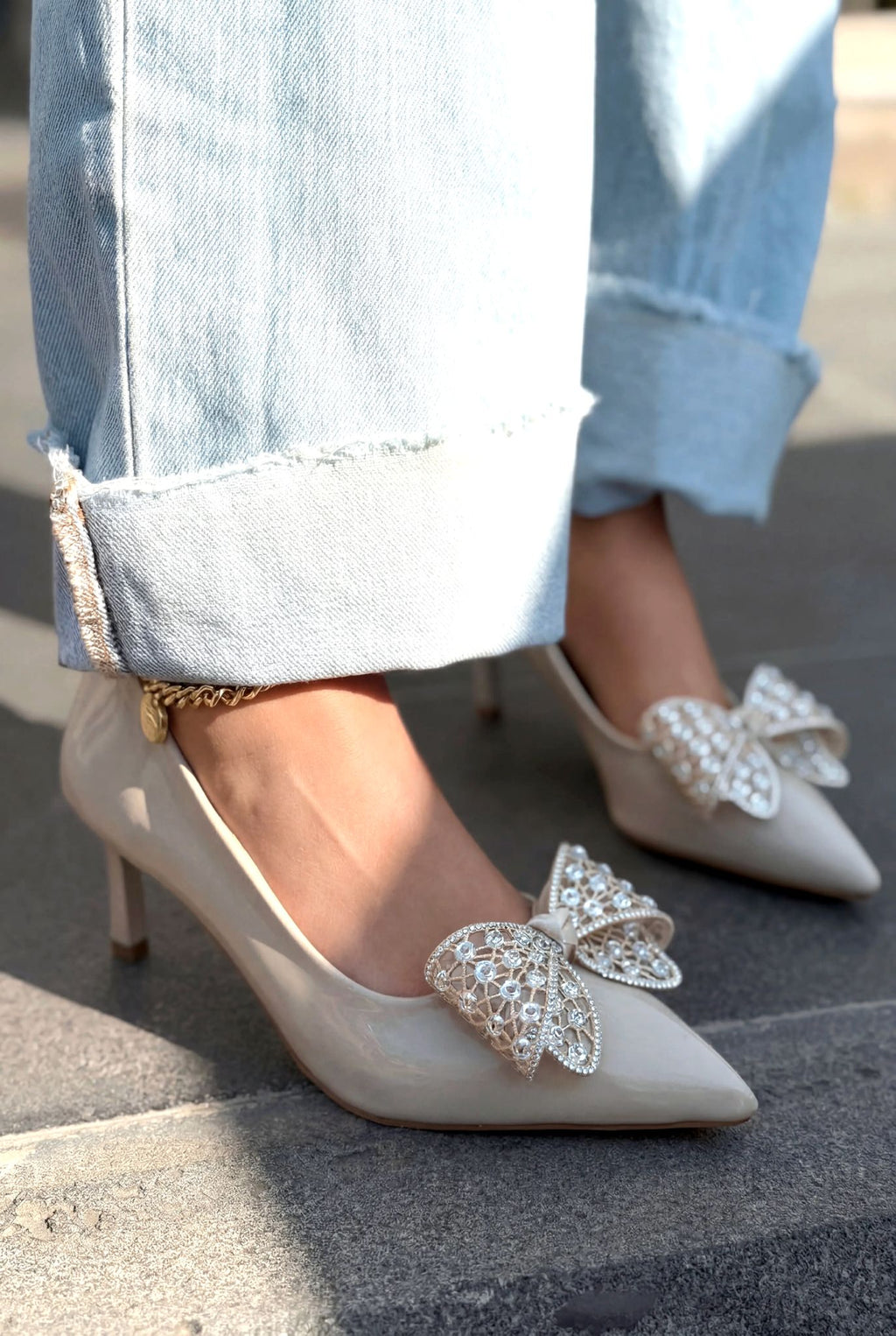 Sorexa Beige Patent Faux Leather Bow Detail Women's Stilettos