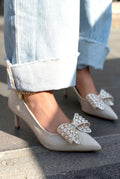 Sorexa Beige Patent Faux Leather Bow Detail Women's Stilettos