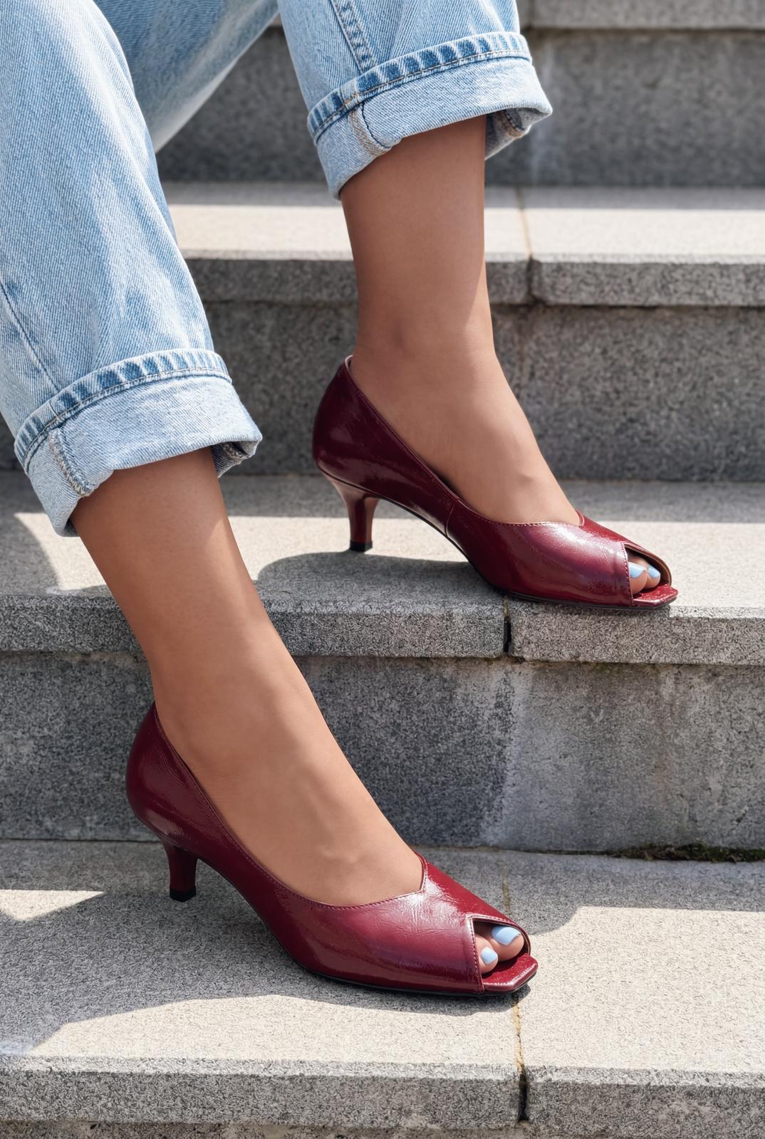 Norvion Burgundy Crinkled Patent Faux Leather Women's Pumps