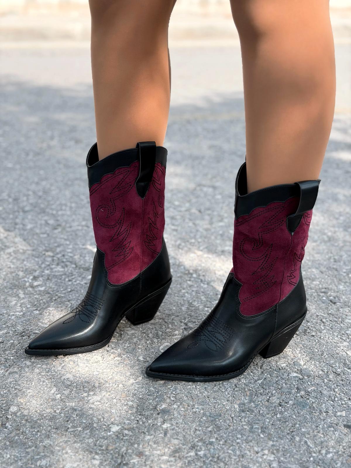 Marnel Women's Cowboy Boots Burgundy Embroidered