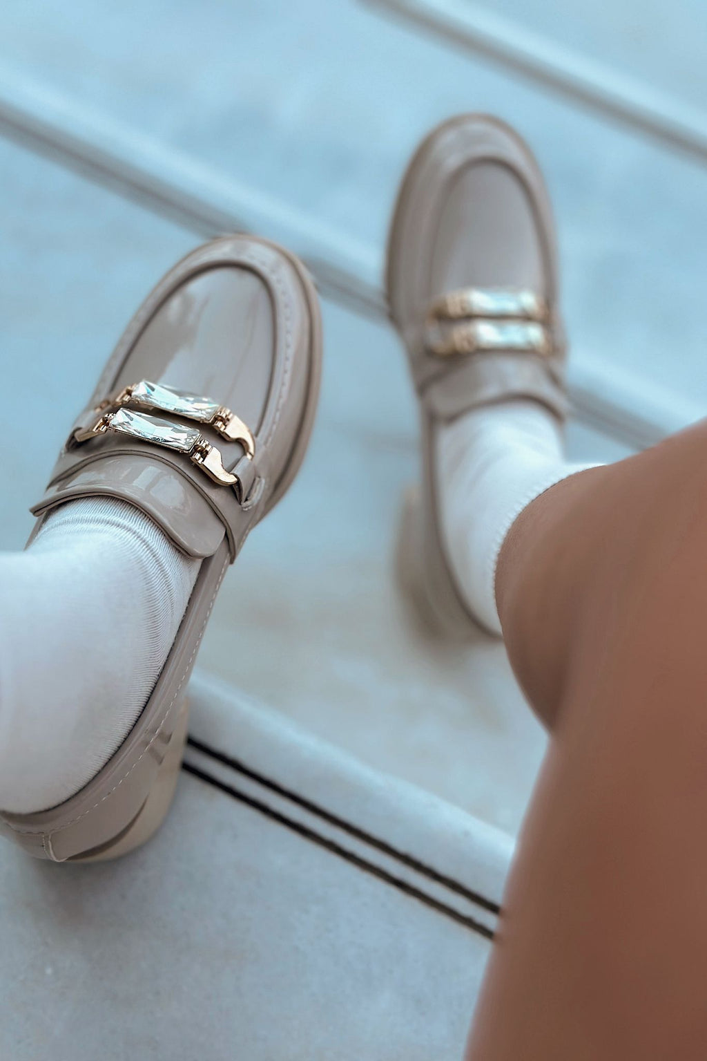 Sabella Beige Patent Faux Leather Embellished Women's Loafers