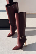 Eswod Burgundy Faux Leather Buckle Detail Women's Boots