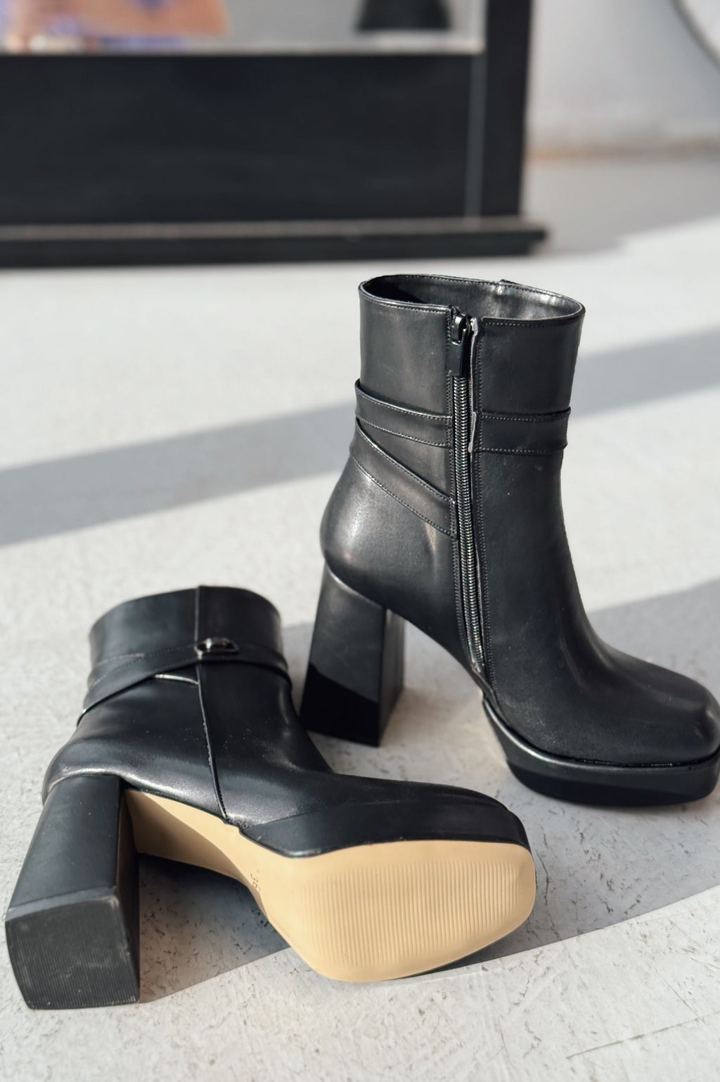 Xeniar Black Faux Leather Platform Zip Buckle Women's Boots