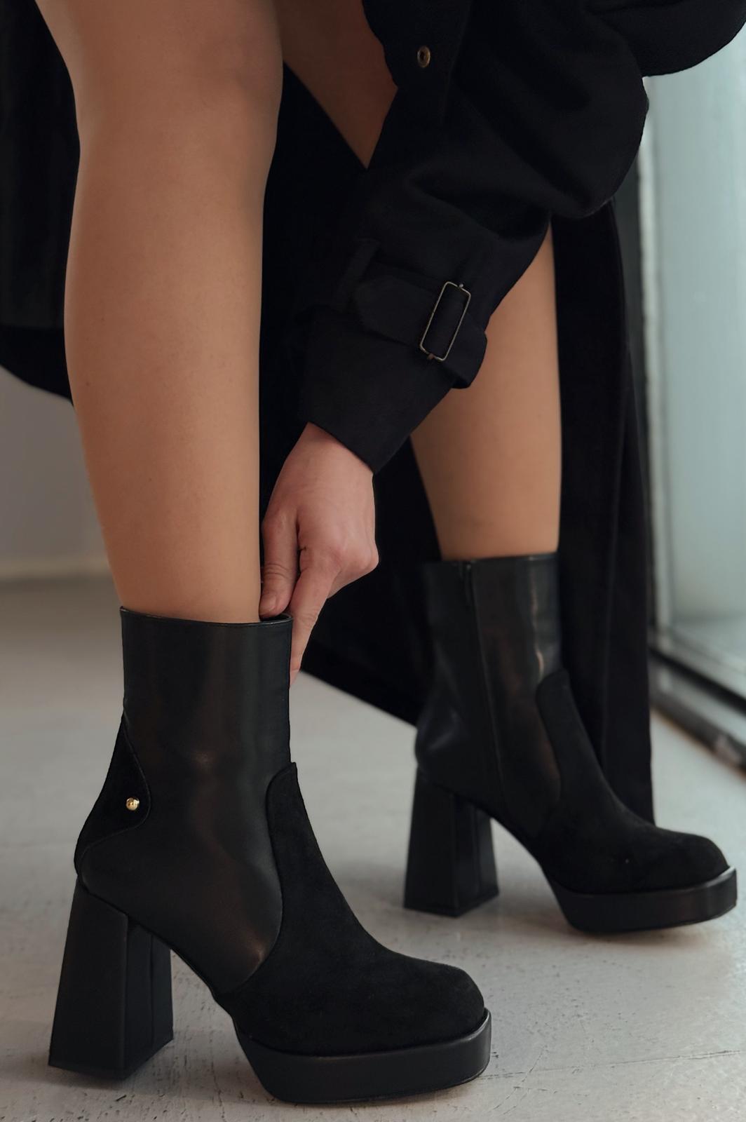 Olexsa Black Faux Leather High Heel Women's Boots