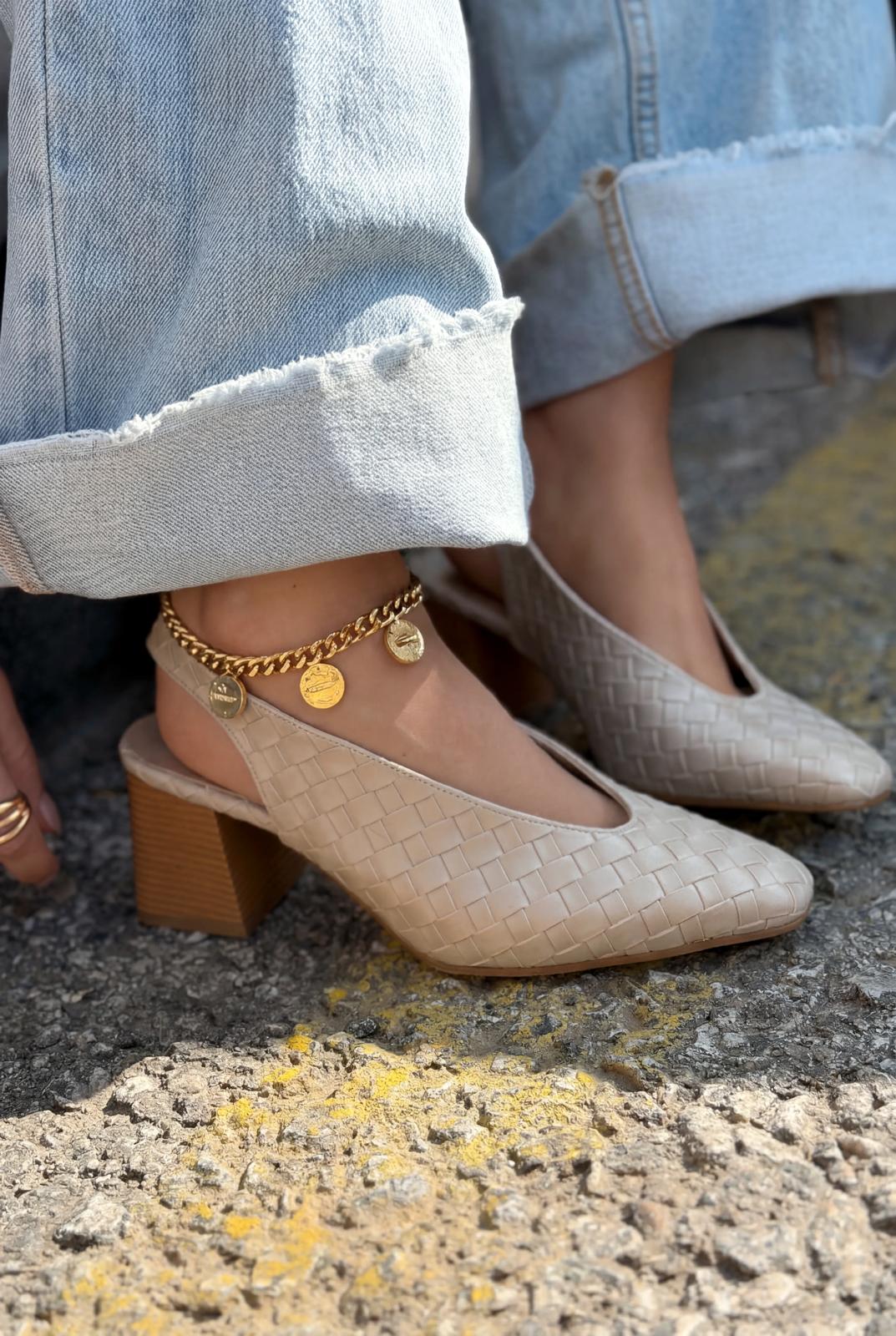 Meladina Beige Woven Pattern Faux Leather Women's Pumps