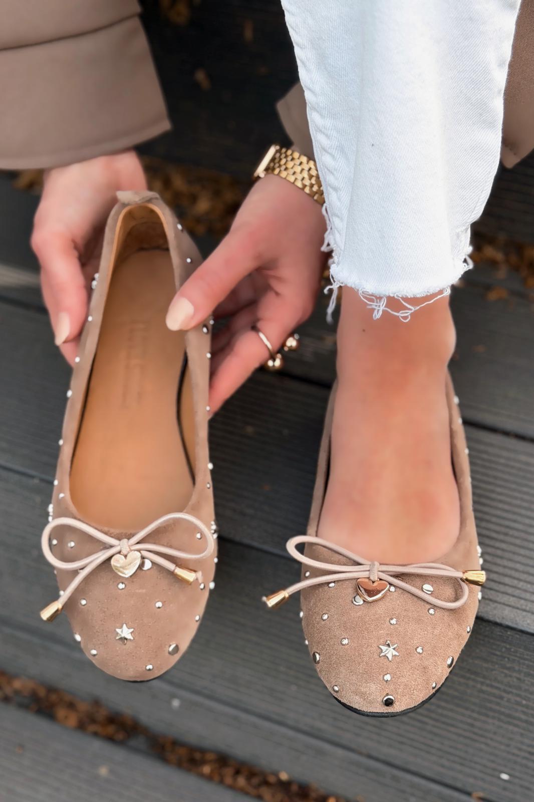 Vessa Taupe Genuine Suede Studded Women's Flats