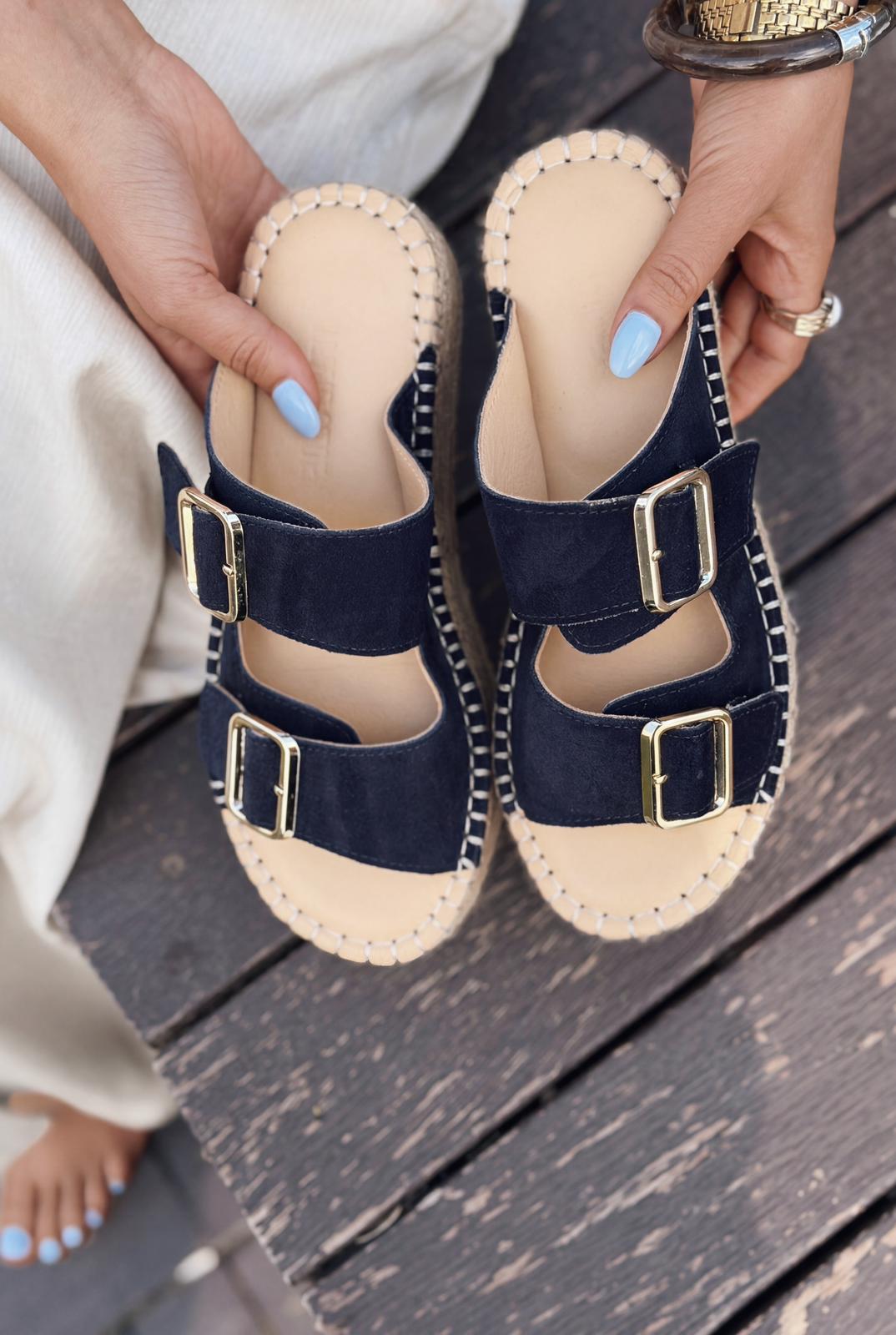 Serinel Navy Genuine Suede Women's Wedge Heel Mules