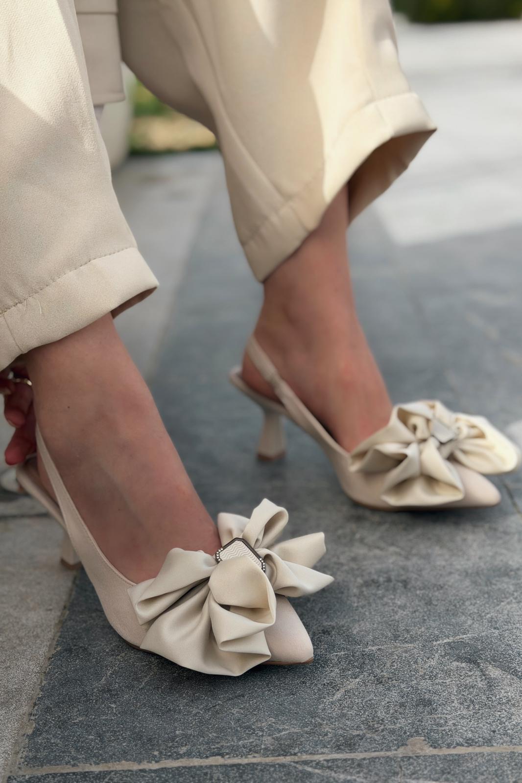 Velune Beige Satin Bow Detail Stiletto