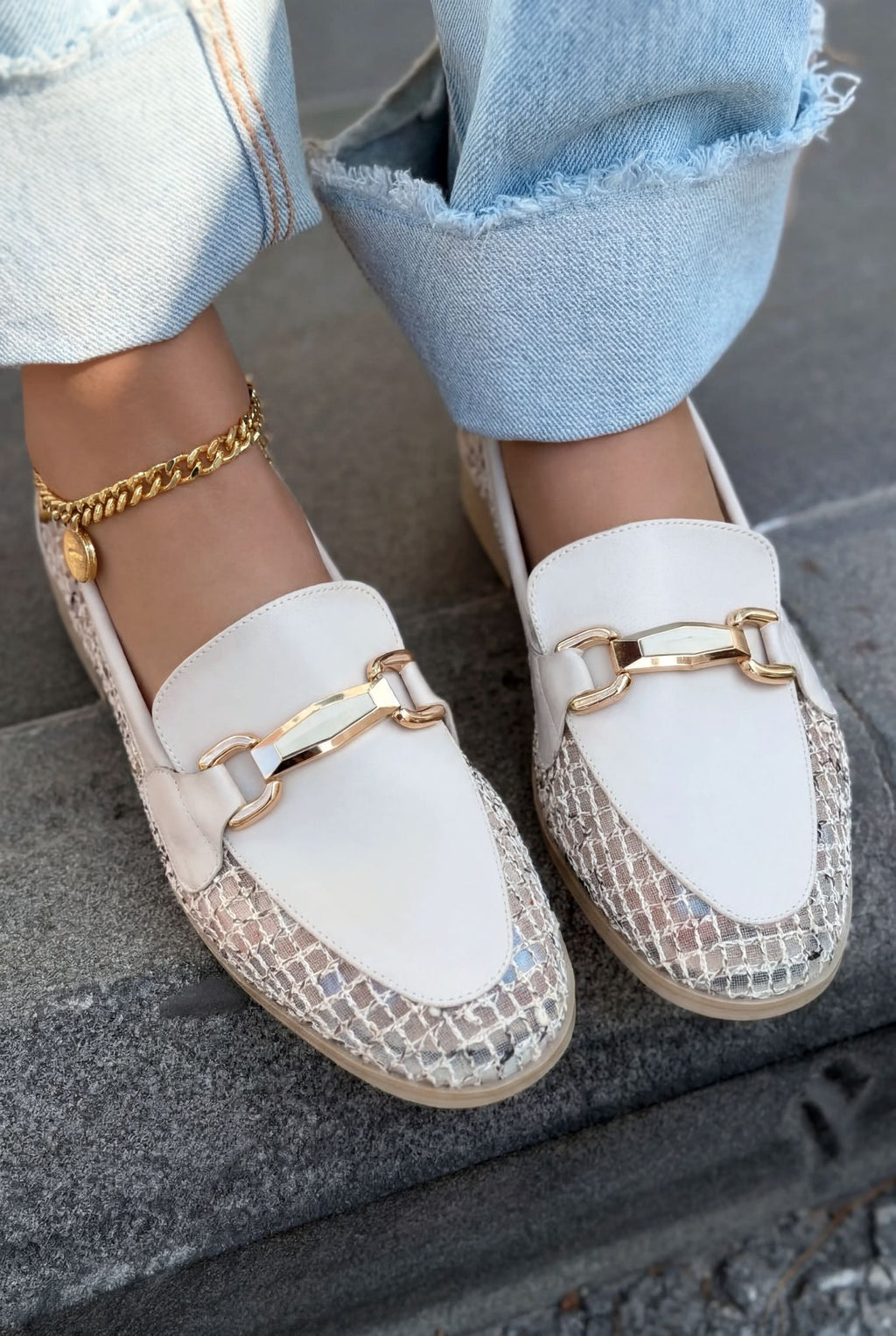 Delter Beige Faux Leather Mesh Women's Loafers