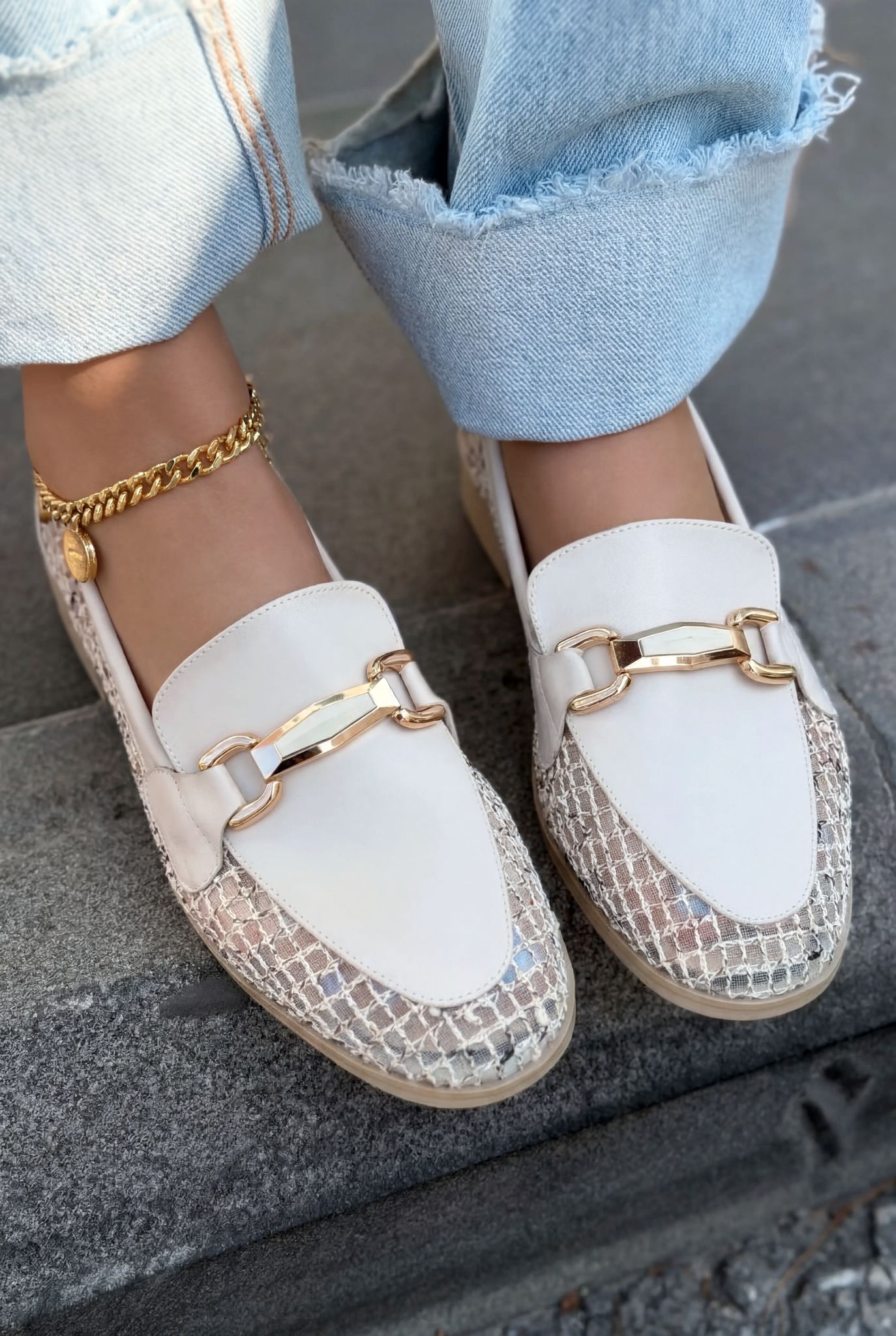 Delter Beige Faux Leather Mesh Women's Loafers