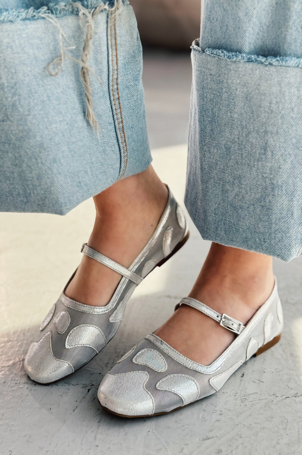 Sartil Metallic Grey Tulle Embroidered Women's Flats