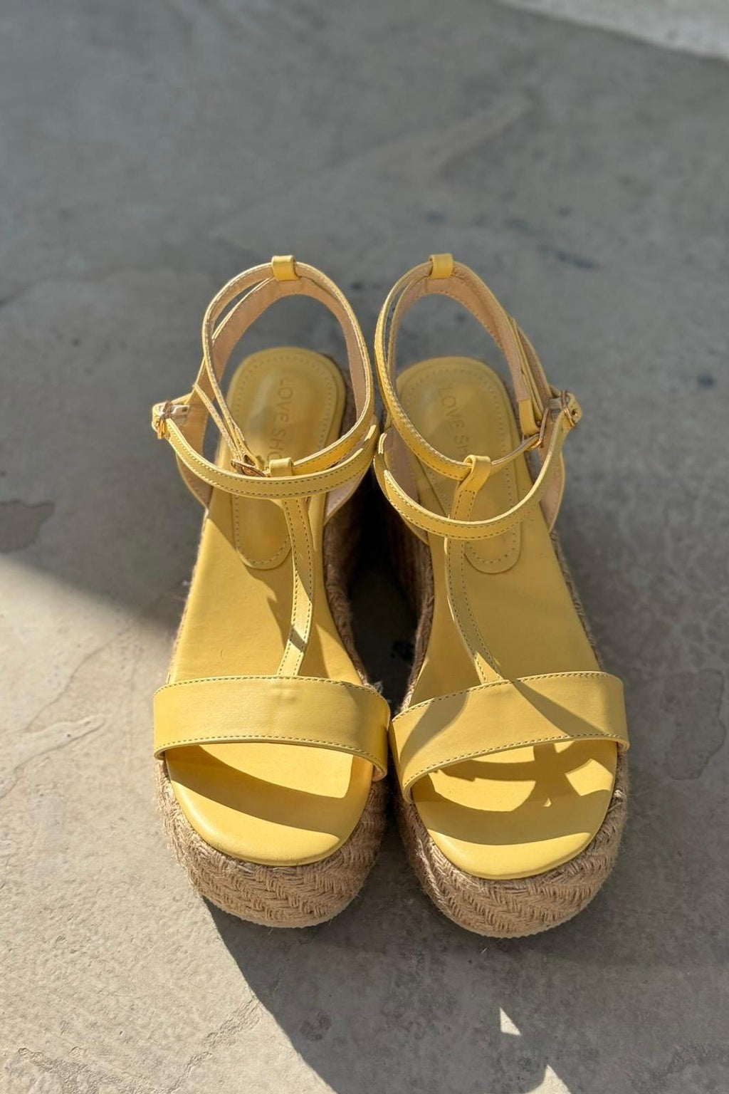 Rowsen Yellow Faux Leather Strap Detail Wedge Pumps