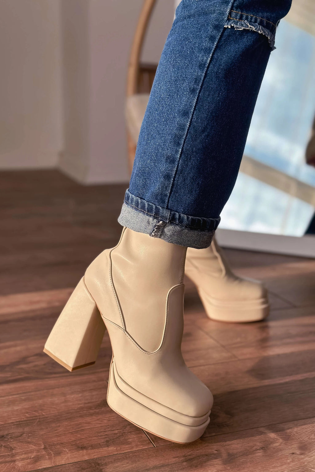 Lestina Beige Stretch Faux Leather Women's Boots